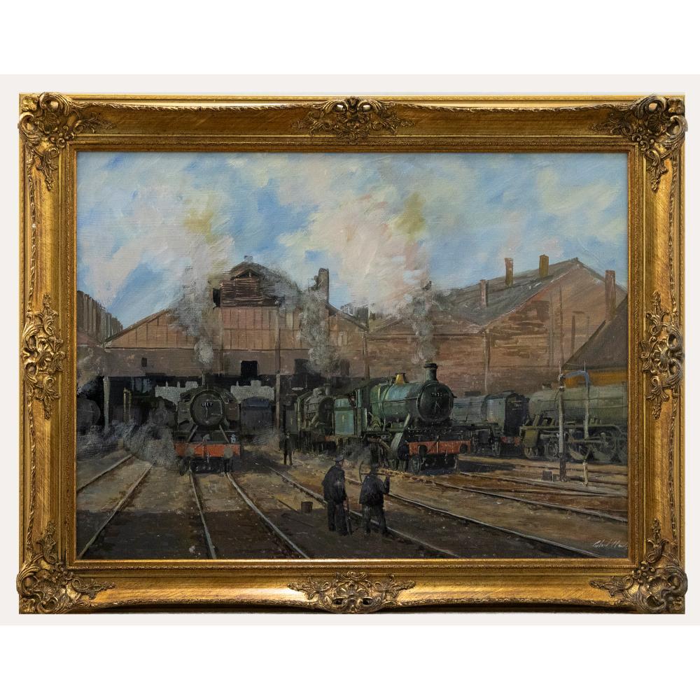 Unknown Figurative Painting - Framed 20th Century Oil - Locomotives at the Yard