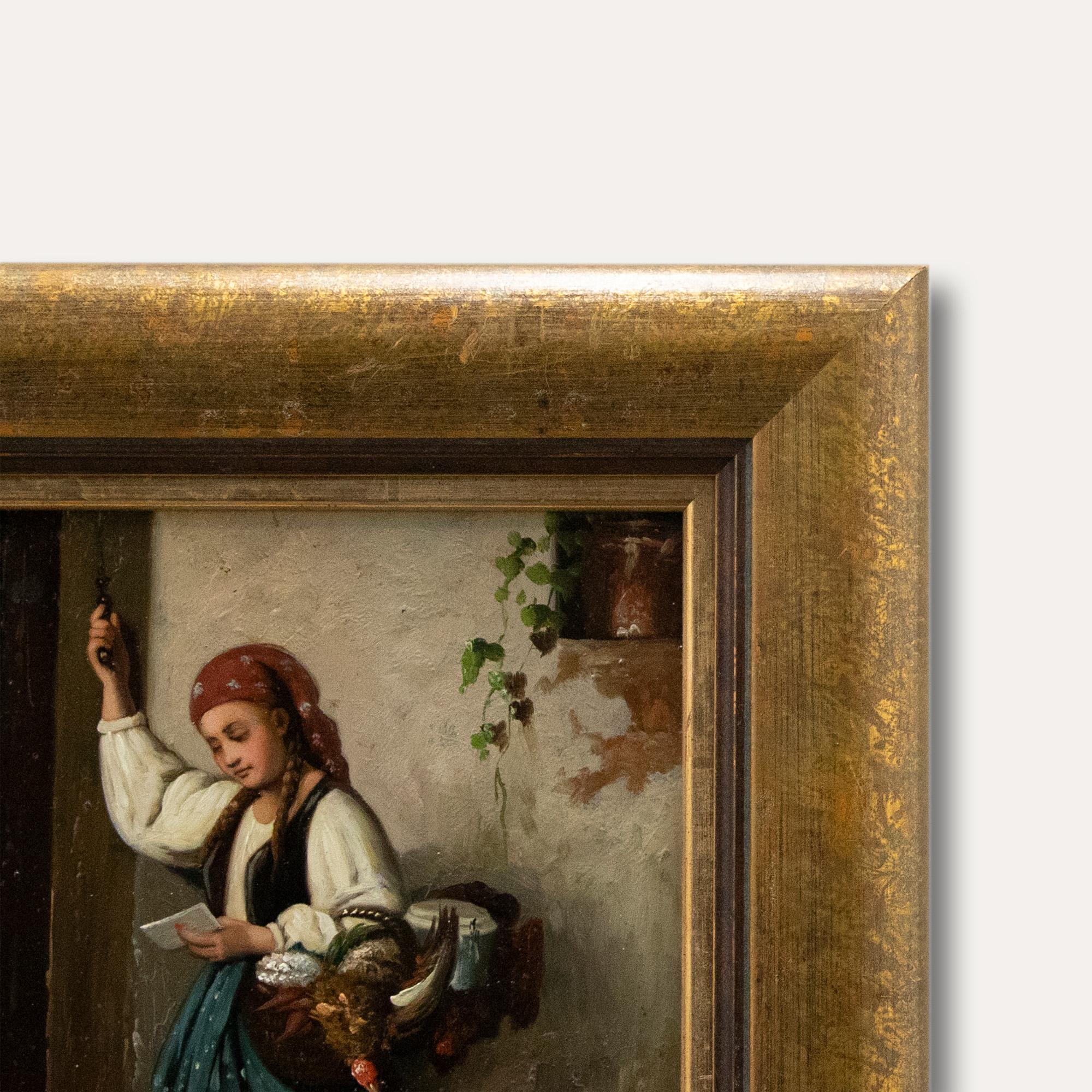 A delightful genre scene in oil, showing a 19th century delivery girl making her rounds with fresh produce. Well-presented in a substantial gilt-effect frame. Indistinctly signed. On board.