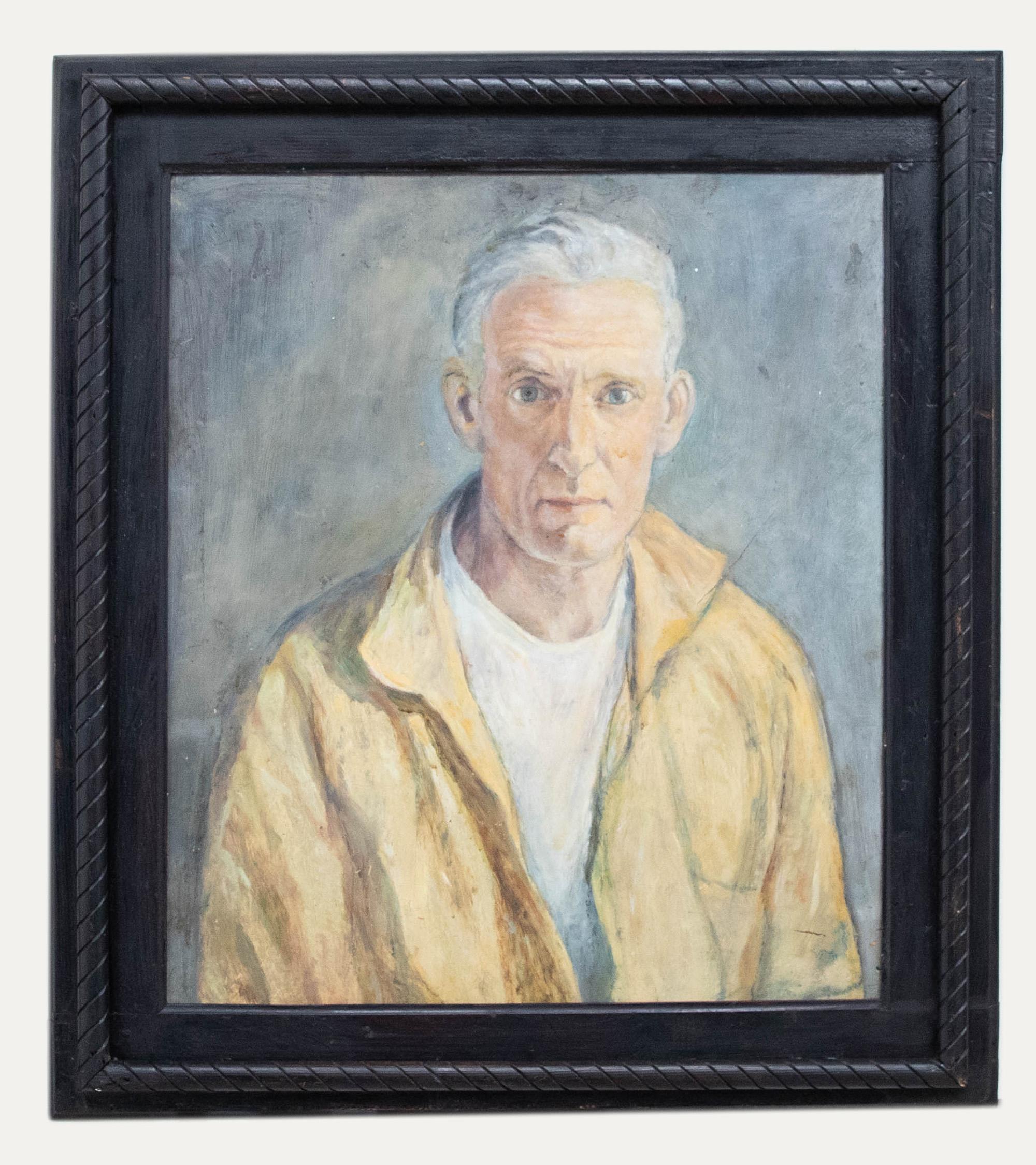 Portrait Painting Unknown - Huile du 20ème siècle - Figure masculine en chemise jaune encadrée
