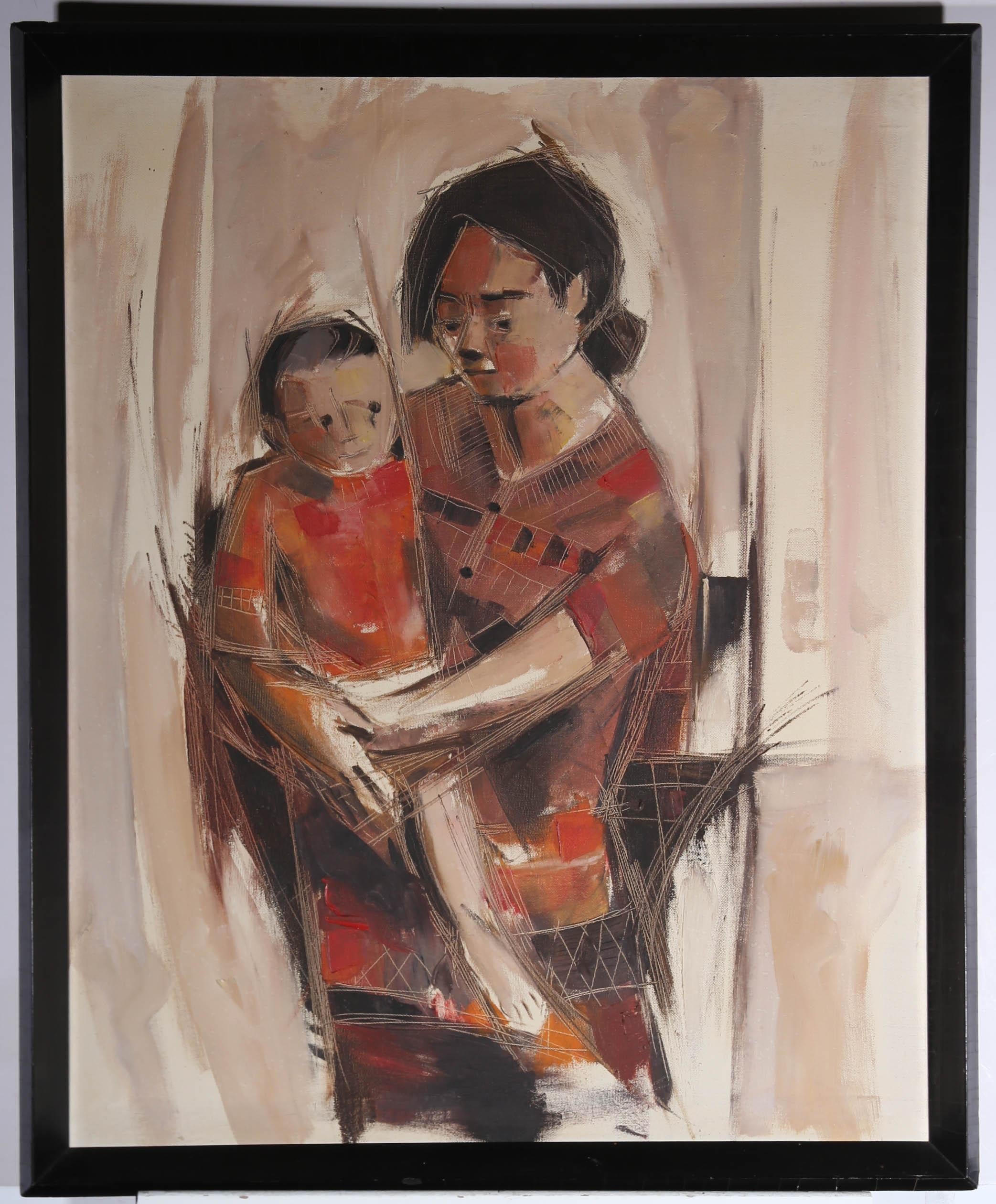 A large, figurative portrait of a mother and child, boldly painted in warm colours with sgraffito. Unsigned. Well presented in a striking black frame. On canvas on stretchers. 