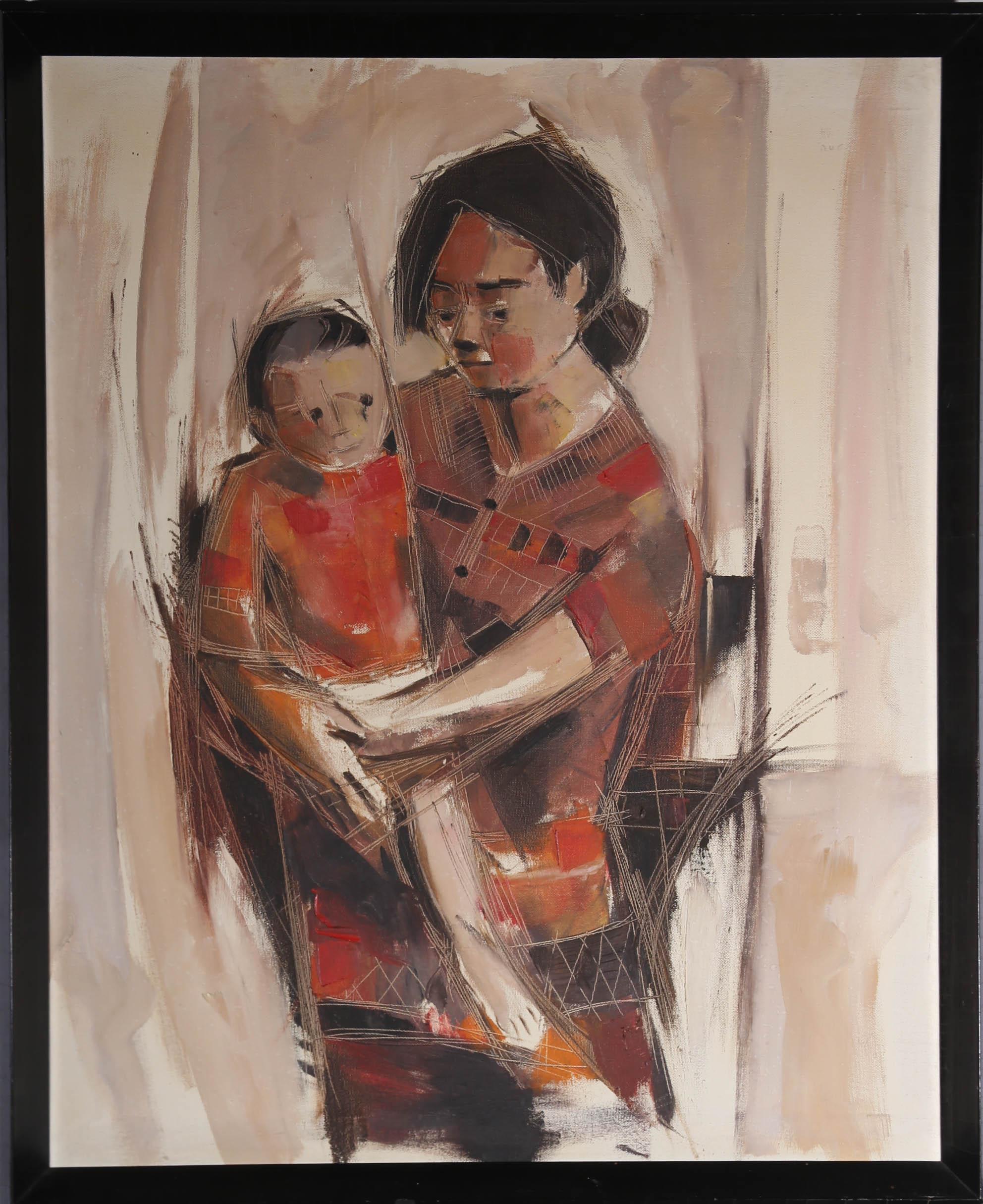 Unknown Portrait Painting - Framed 20th Century Oil - Native Mother & Child