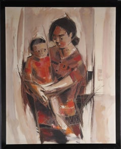 Framed 20th Century Oil - Native Mother & Child