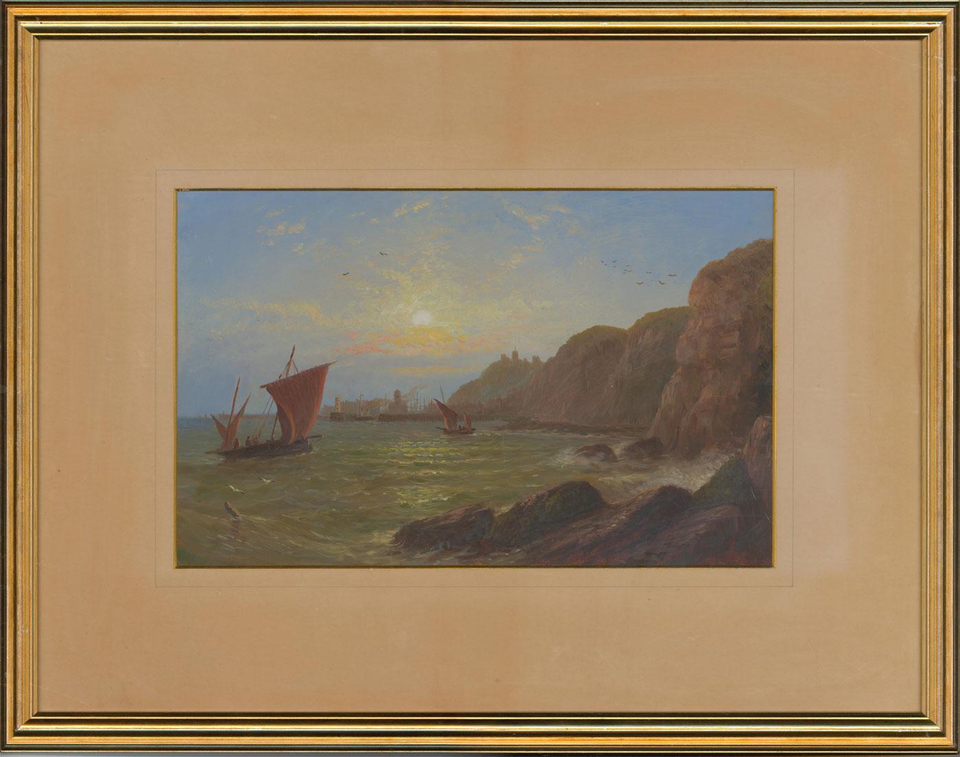 A charming nautical scene showing sailing vessels and distant harbour. The artist has beautifully depicted the background sunset with delicate brushstrokes and subtle tones. Well presented in a card mount and modern gilt effect frame. Unsigned. On