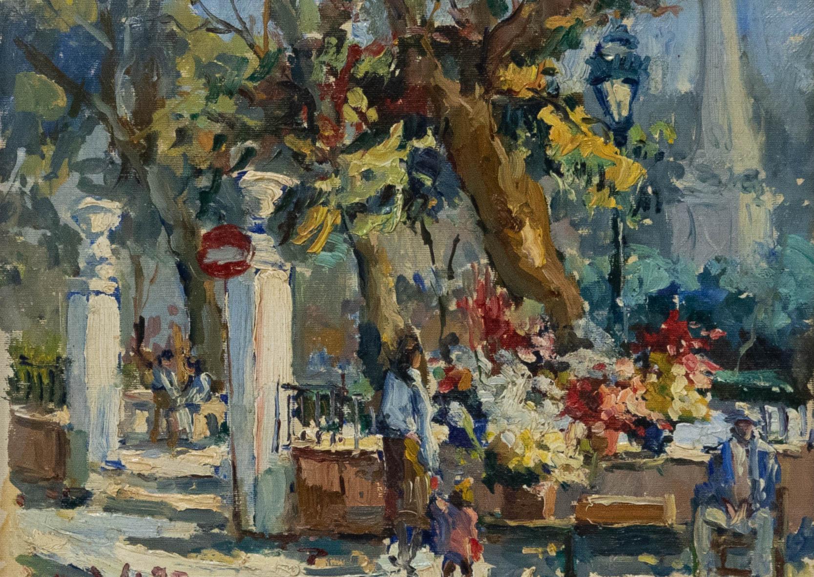 Huile encadrée du 20ème siècle - Vendeur de fleurs parisien - Painting de Unknown
