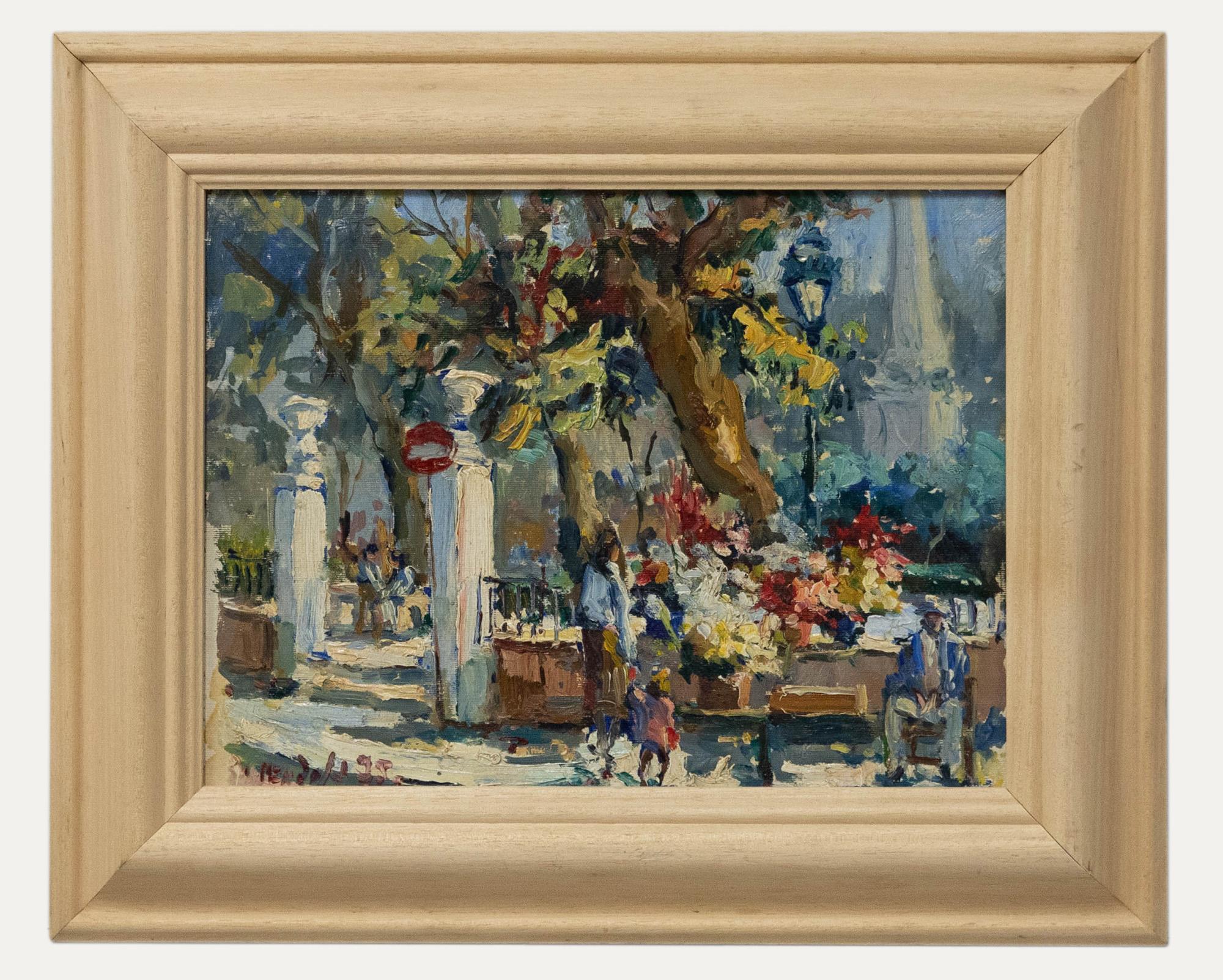 Landscape Painting Unknown - Huile encadrée du 20ème siècle - Vendeur de fleurs parisien