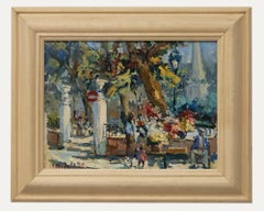 Huile encadrée du 20ème siècle - Vendeur de fleurs parisien