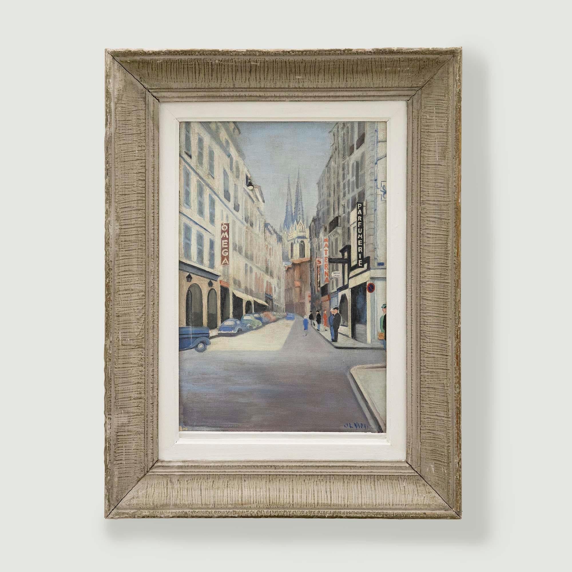 A striking perspective view down a Parisian street with parked cars and figures. The artist has illegibly signed to the lower right and the oil has been well presented in a complimenting contemporary frame with fluted cove and white inner slip. On