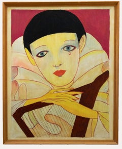 Framed 20th Century Oil - Pierrot & his Harp