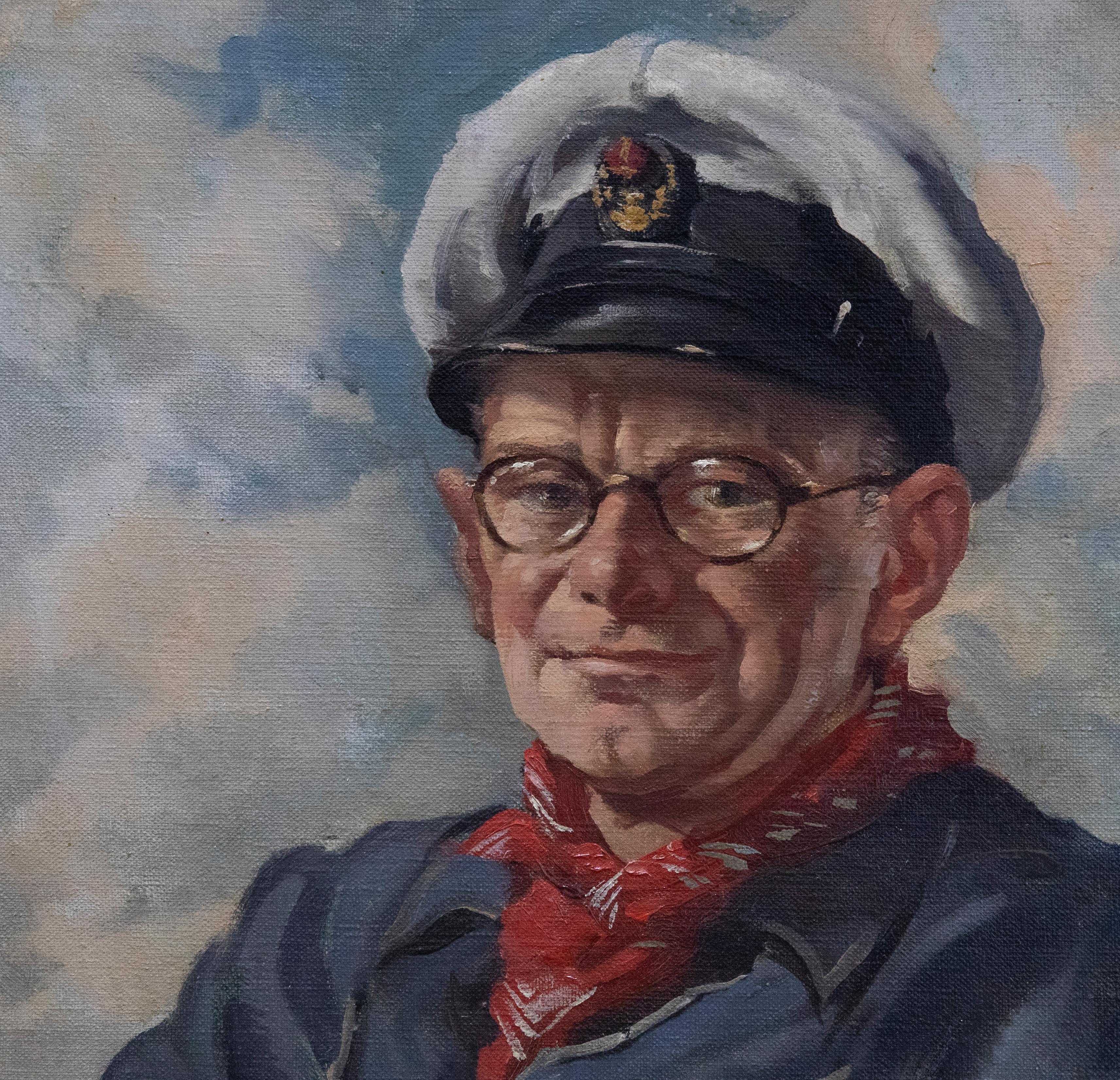A fine oil portrait of a sea captain at the stern of a boat, wearing a blue naval jacket, red neckerchief, spectacles and commanders hat. Unsigned. Presented in a decorative gilt-effect frame with large corner and centre mouldings. On canvas on