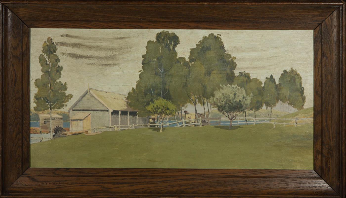 Landscape Painting Unknown - Huile encadrée du 20ème siècle - Scène de ferme encadrée