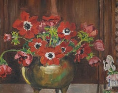 Framed 20th Century Oil - Red Anemones with Staffordshire Figure