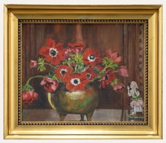 Framed 20th Century Oil - Red Anemones with Staffordshire Figure