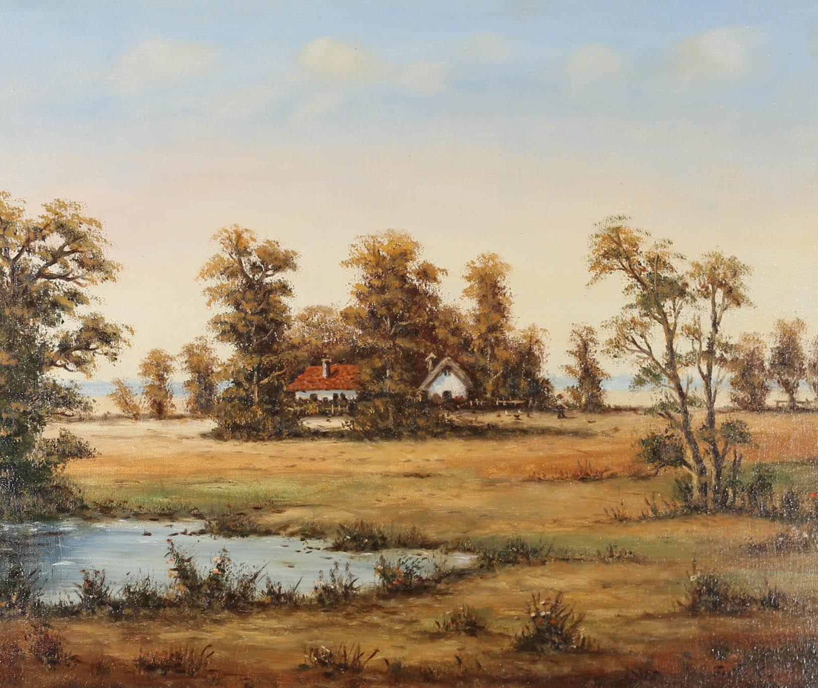 Framed 20th Century Oil - Rural Landscape with Cottages - Painting by Unknown