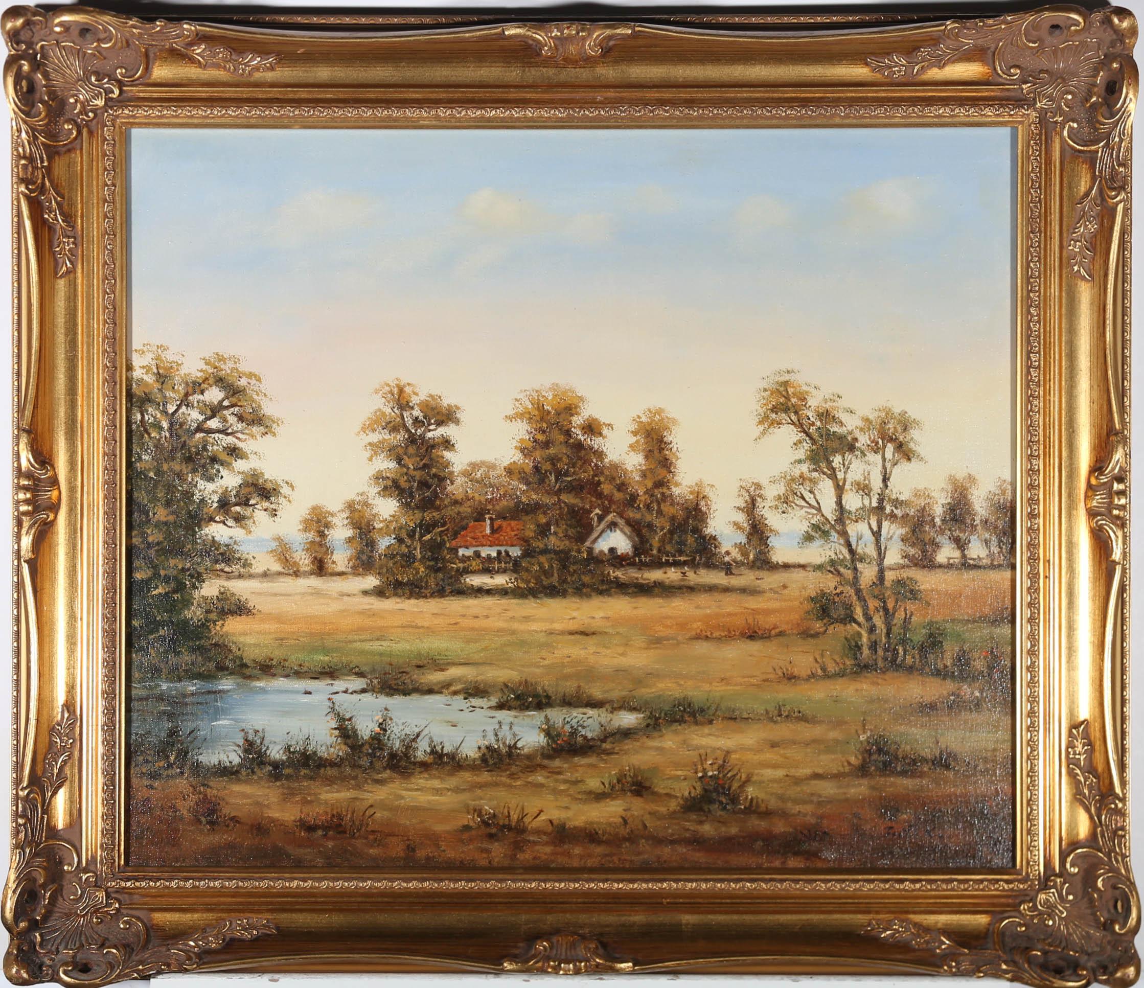 Unknown Landscape Painting - Framed 20th Century Oil - Rural Landscape with Cottages