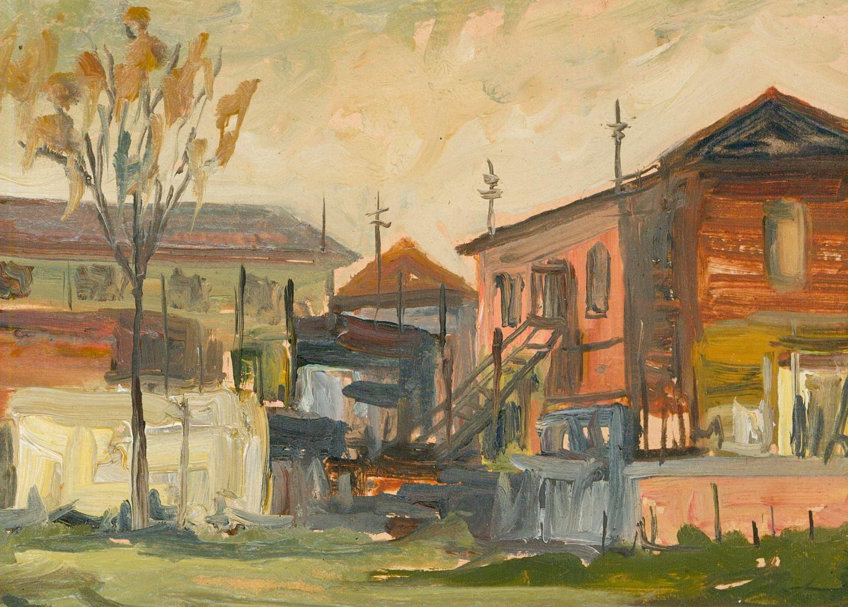 Framed 20th Century Oil - Rural Landscape with Rustic Buildings - Painting by Unknown