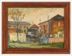 Huile encadrée du 20ème siècle - Paysage rural avec bâtiments rustiques