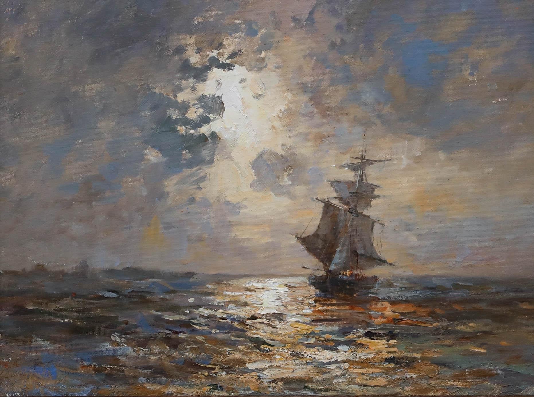 Framed 20th Century Oil - Sailing at Sunset - Painting by Unknown