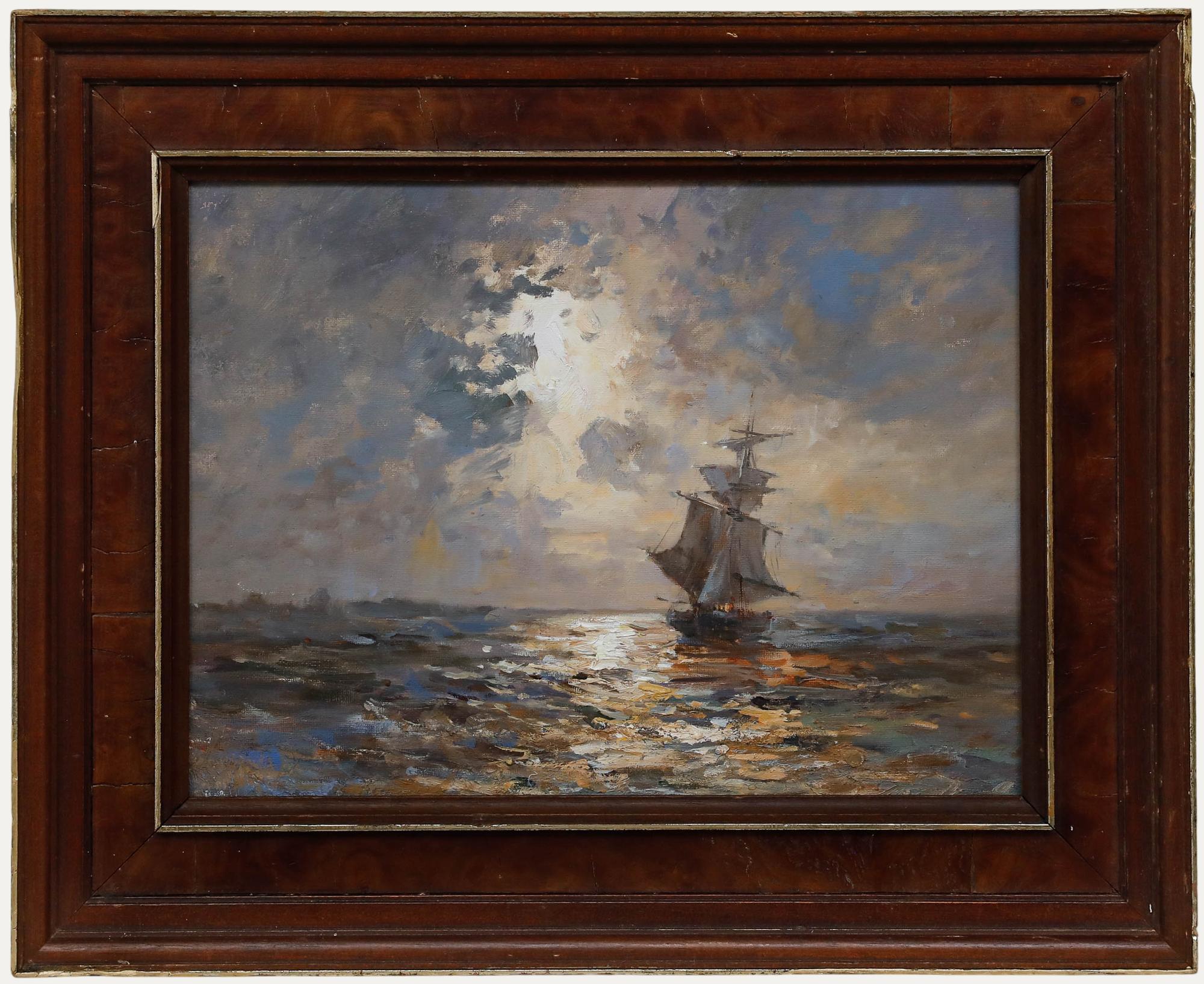 Unknown Landscape Painting - Framed 20th Century Oil - Sailing at Sunset