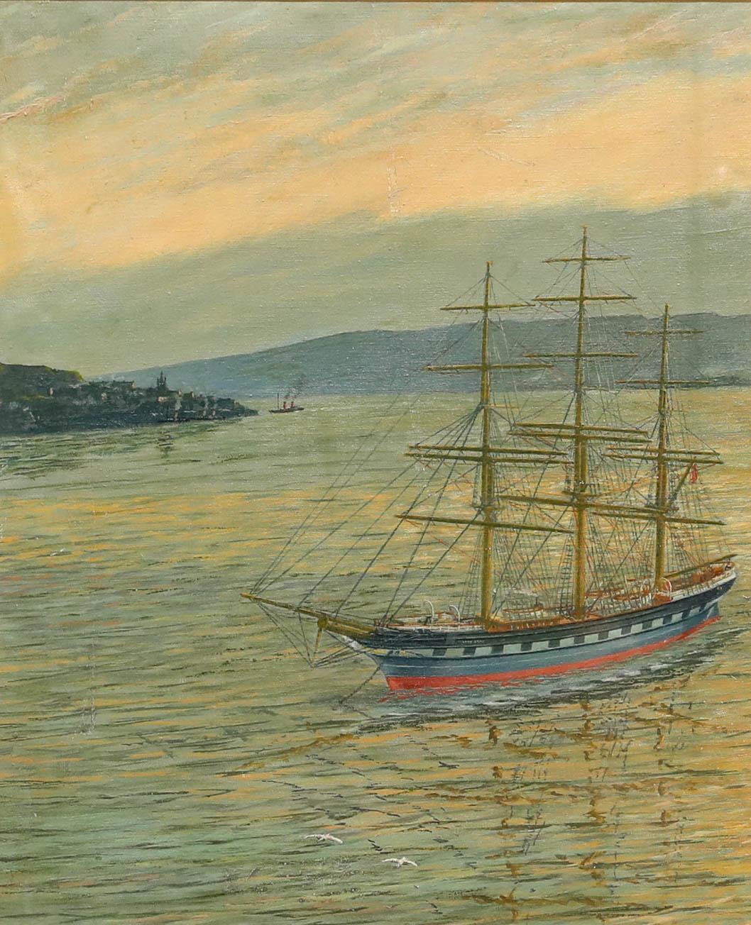 Framed 20th Century Oil - Sailing Ship at Anchor - Painting by Unknown