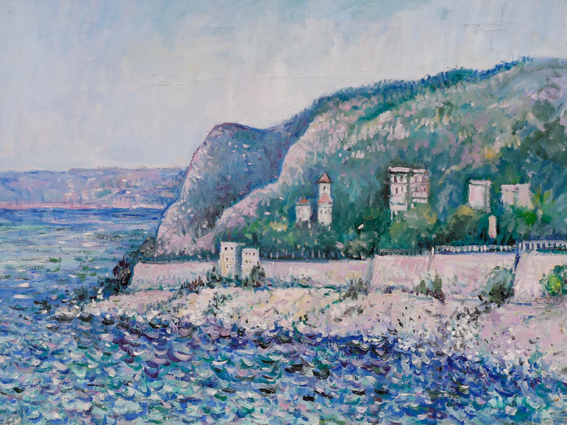 Gerahmtes Ölgemälde des 20. Jahrhunderts – schimmernde Küstenlinie – Painting von Unknown