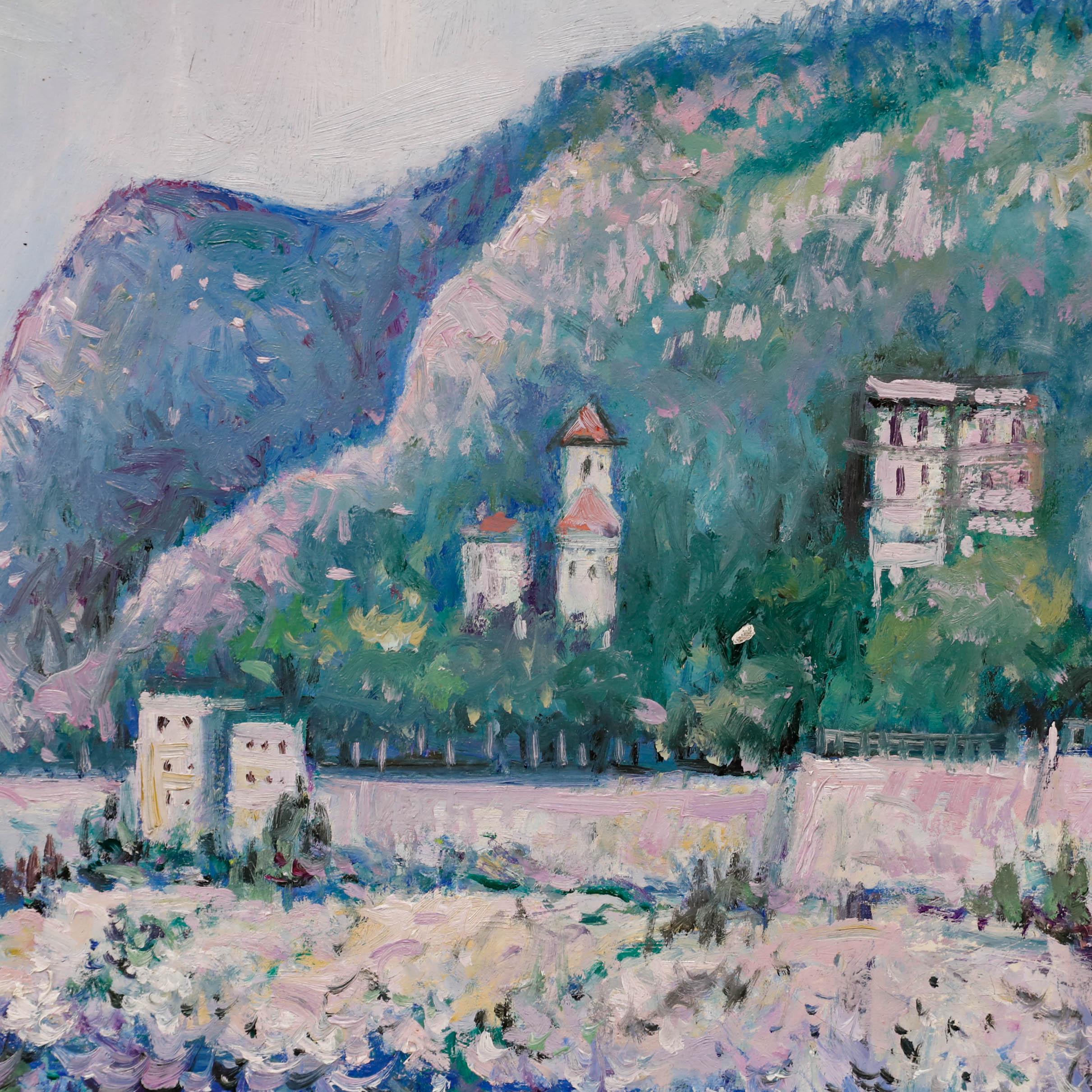 Diese farbenfrohe Meereslandschaft zeigt ein ruhiges Küstendorf, das sich an zerklüftete Klippen schmiegt, mit blau schimmerndem Wasser im Vordergrund. Die weichen Pinselstriche und der pointillistische Stil des Künstlers laden den Betrachter ein,