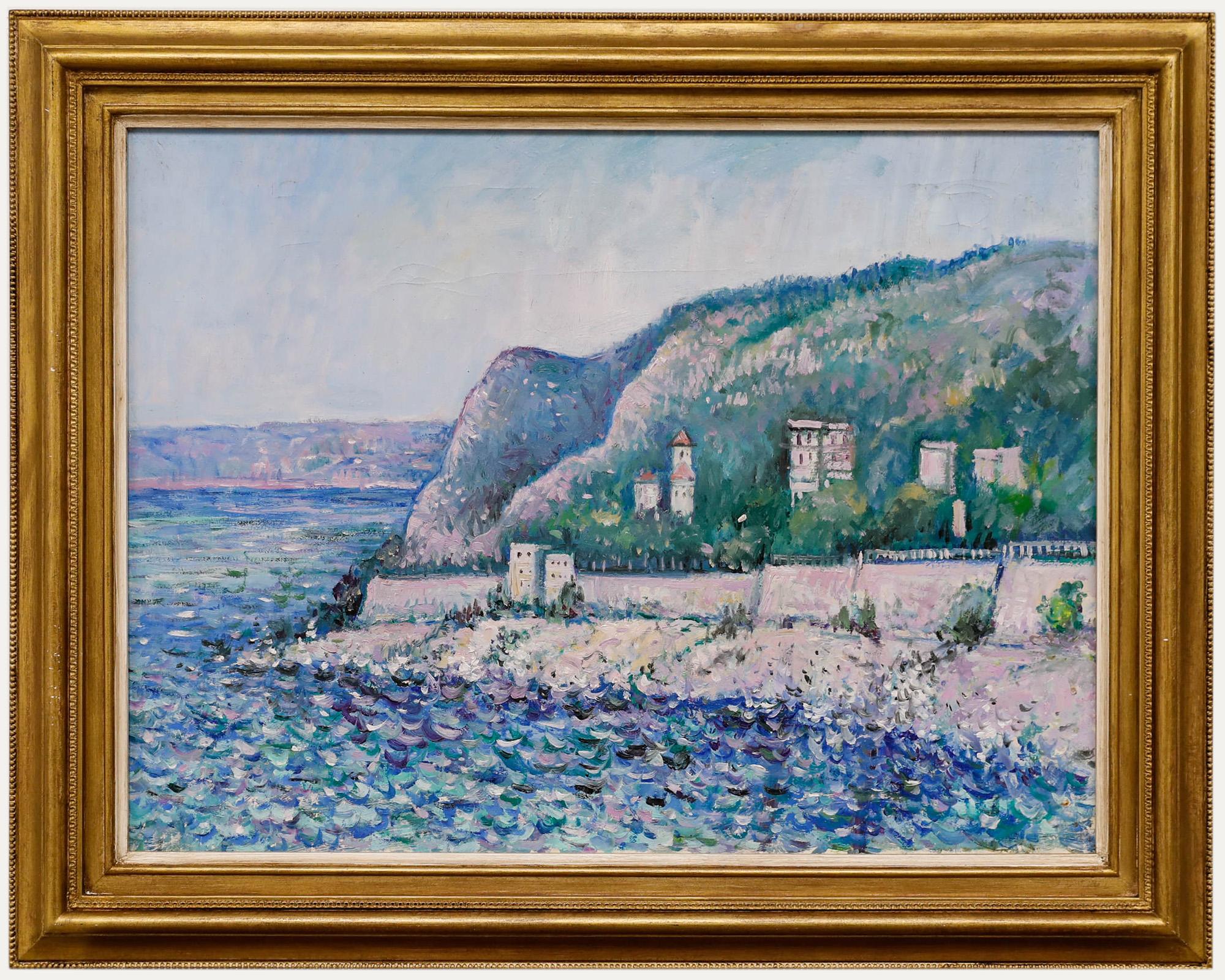 Unknown Figurative Painting – Gerahmtes Ölgemälde des 20. Jahrhunderts – schimmernde Küstenlinie