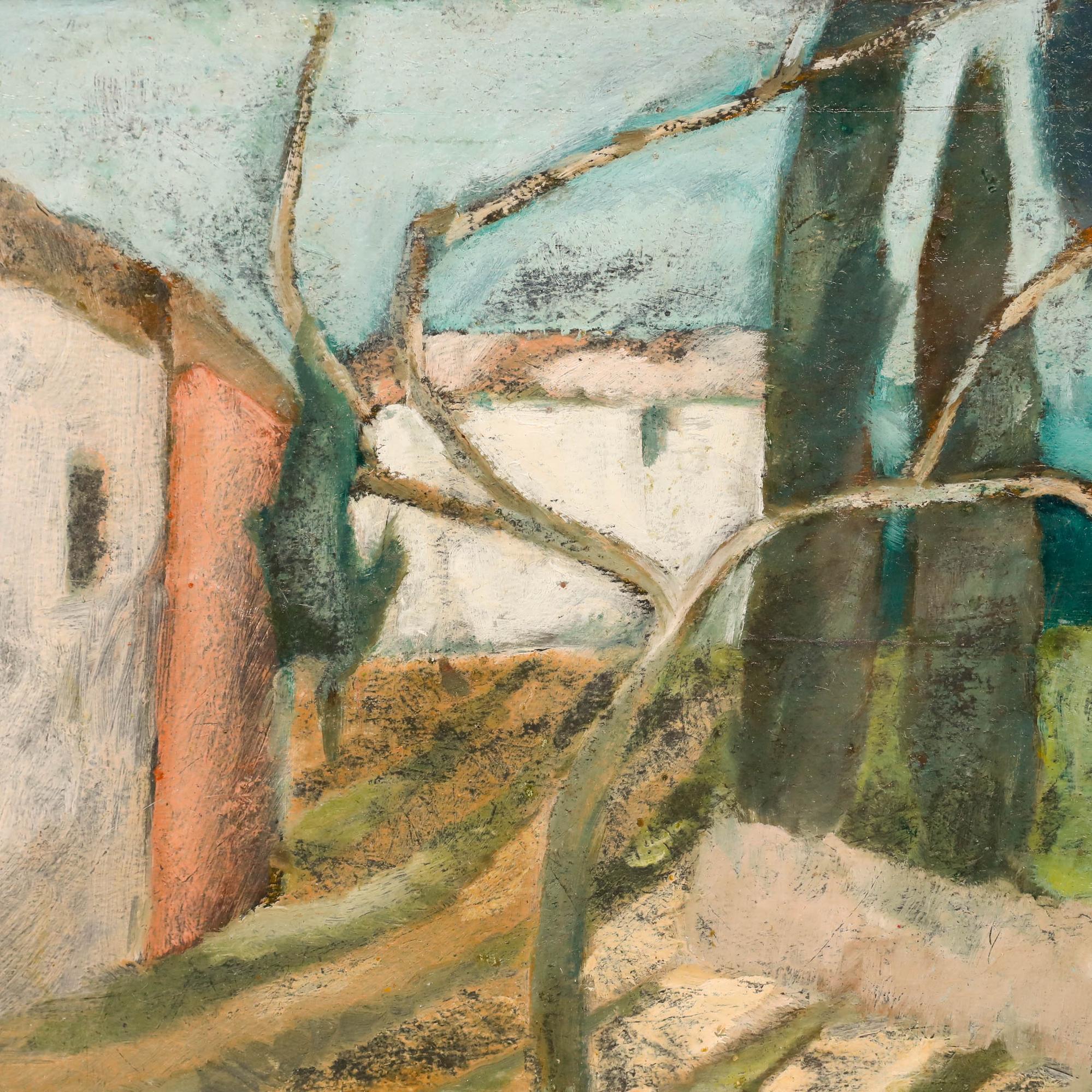 Une peinture moderniste vibrante représentant des cyprès et des bâtiments agricoles rustiques dans un cadre rural pittoresque. L'œuvre est signée 