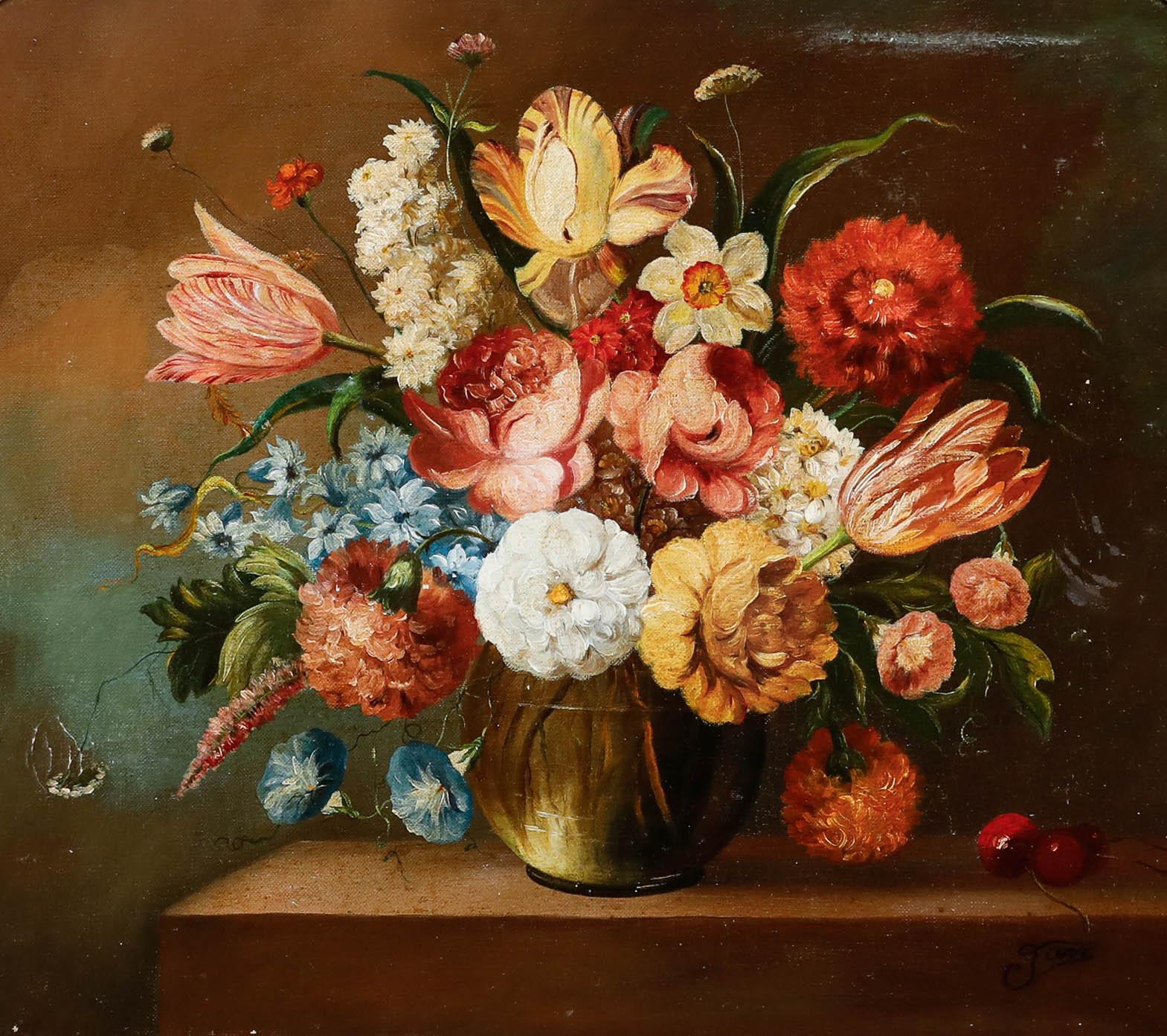 Framed 20th Century Oil - Spring Flowers in a Glass Vase - Painting by Unknown