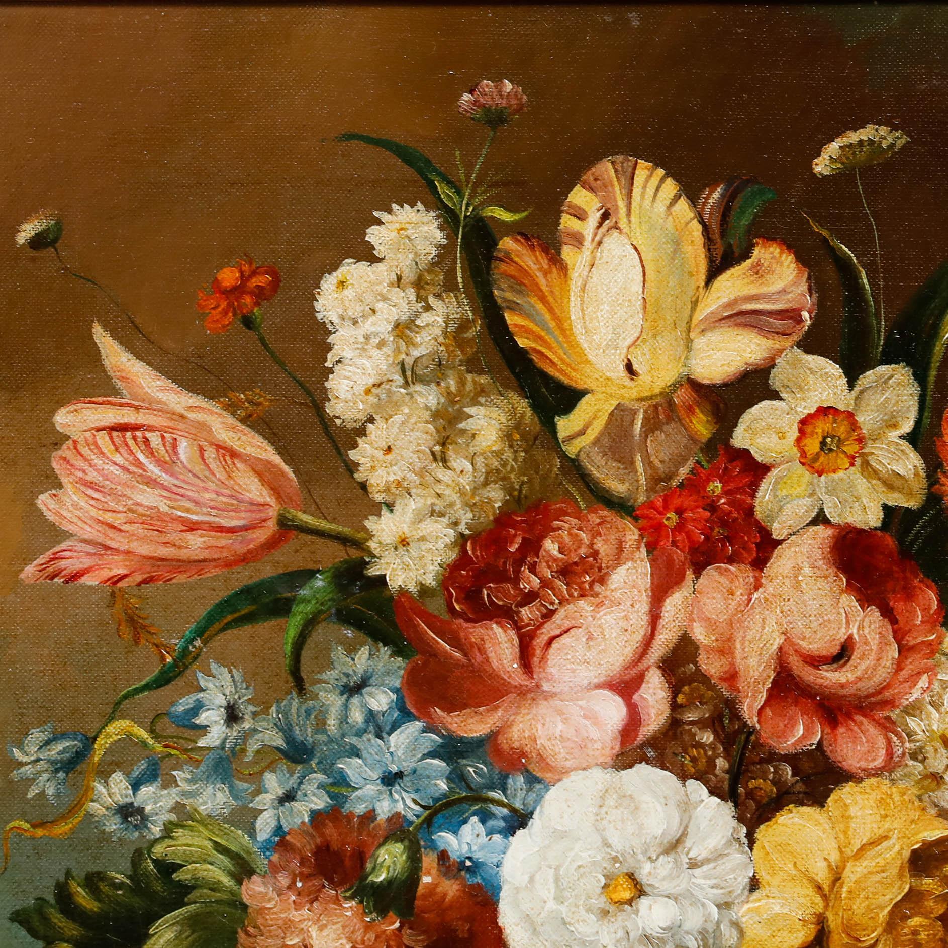 This classical still life painting captures an abundant floral arrangement in a fish bowl vase. A rich variety of spring blooms including tulips, peonies, and carnations have been depicted by the artist in vibrant hues. The muted background and