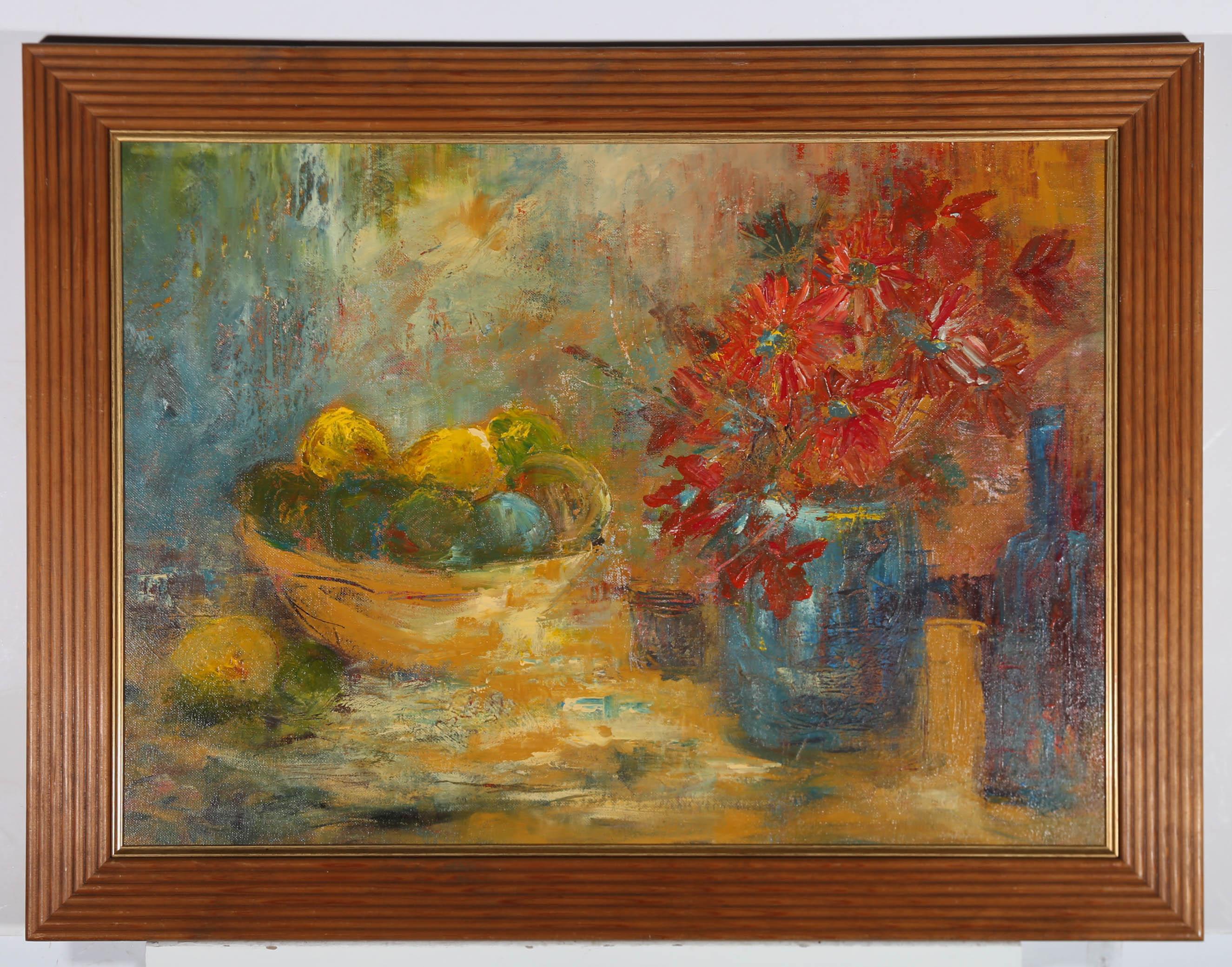 A spirited still life of citrus fruits and red gerberas, expressively painted in a light and bright kitchen interior. Unsigned. Beautifully mounted in a reeded style frame with an attractive gilt slip. On canvas board. 