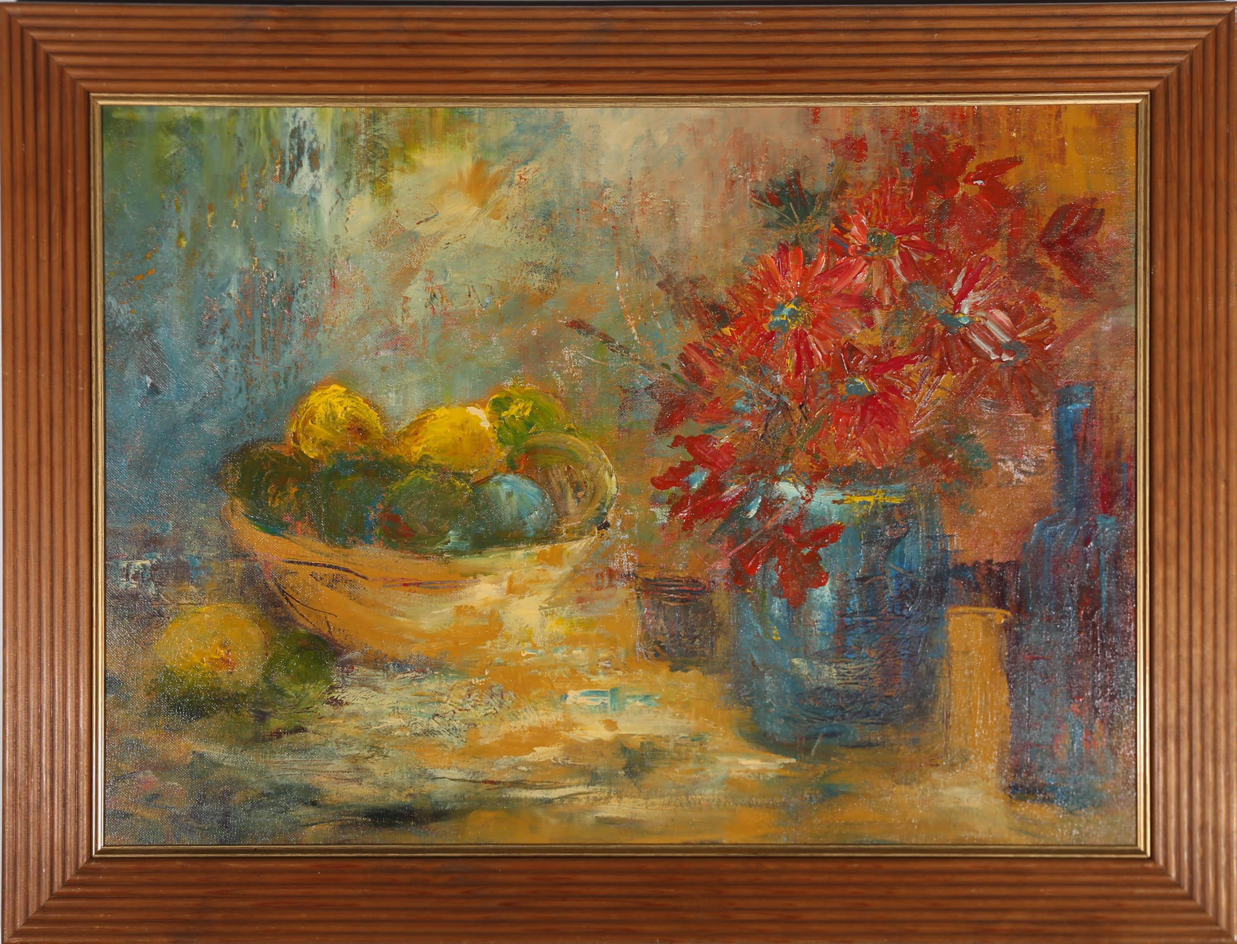 Unknown Still-Life Painting - Framed 20th Century Oil - Still Life, Citrus Fruits & Flowers