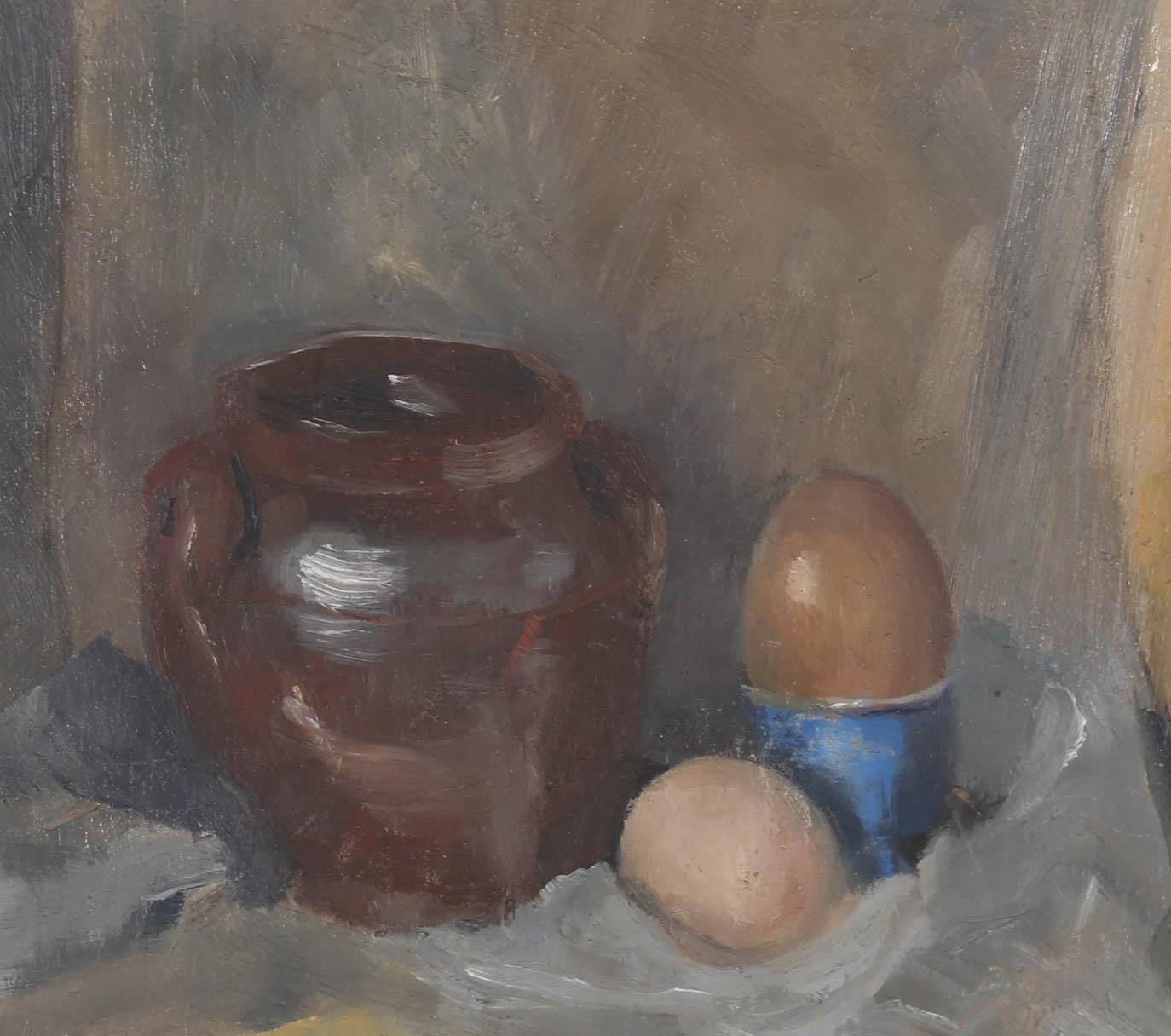 Huile encadrée du 20ème siècle - Nature morte, œufs et urne - Painting de Unknown
