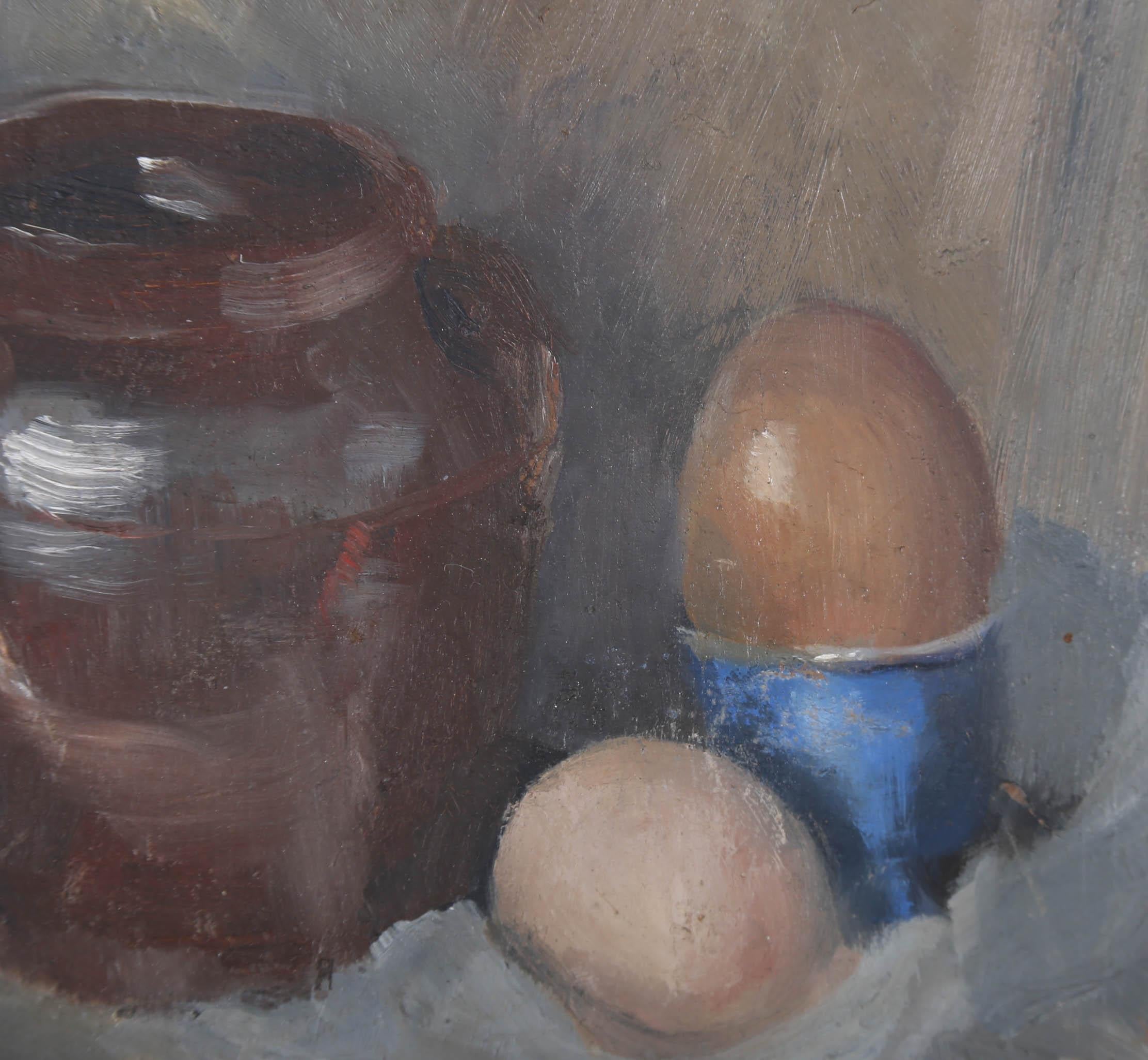 Framed 20th Century Oil - Still Life, Eggs & Urn For Sale 2