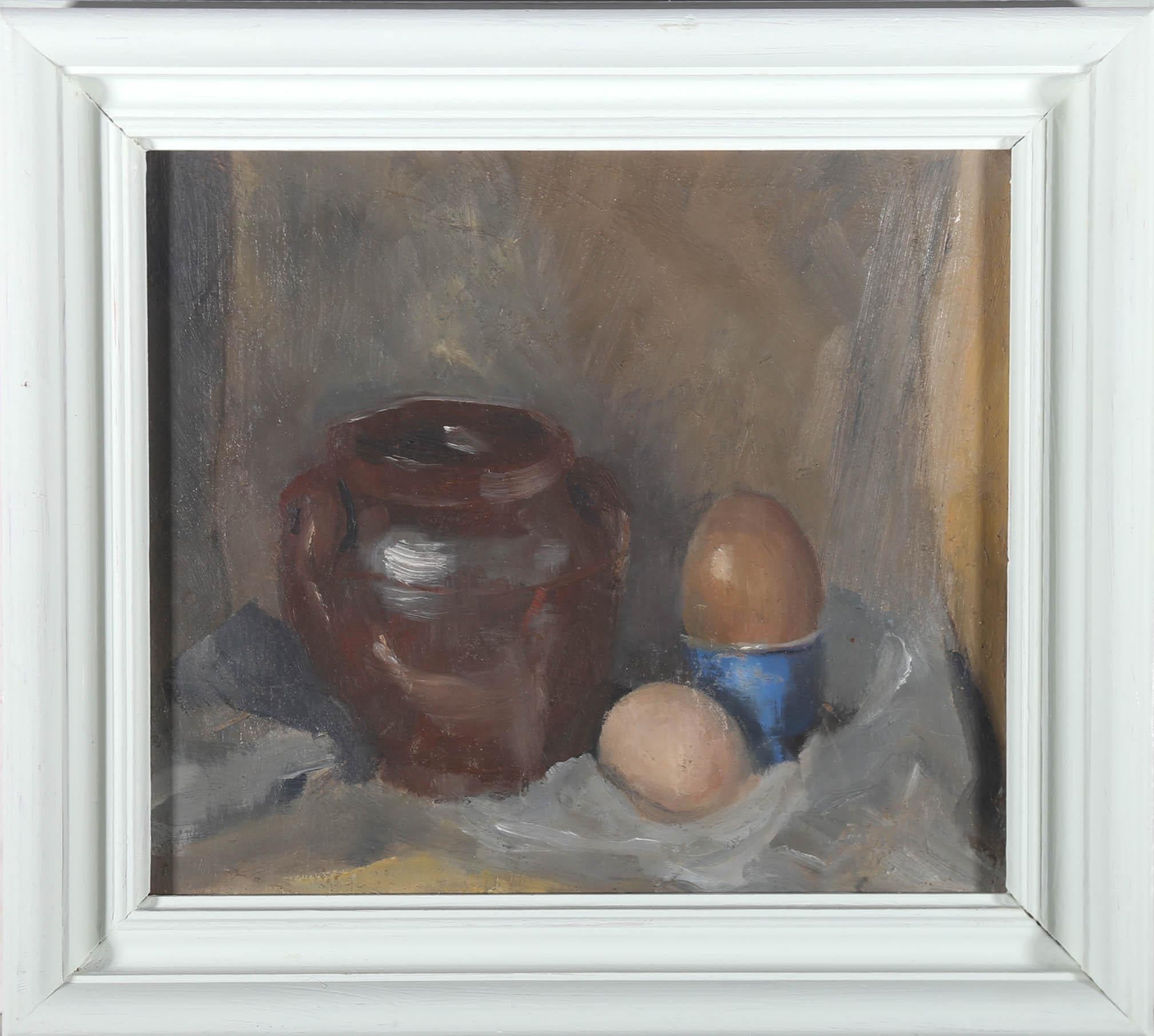 Unknown Still-Life Painting - Framed 20th Century Oil - Still Life, Eggs & Urn