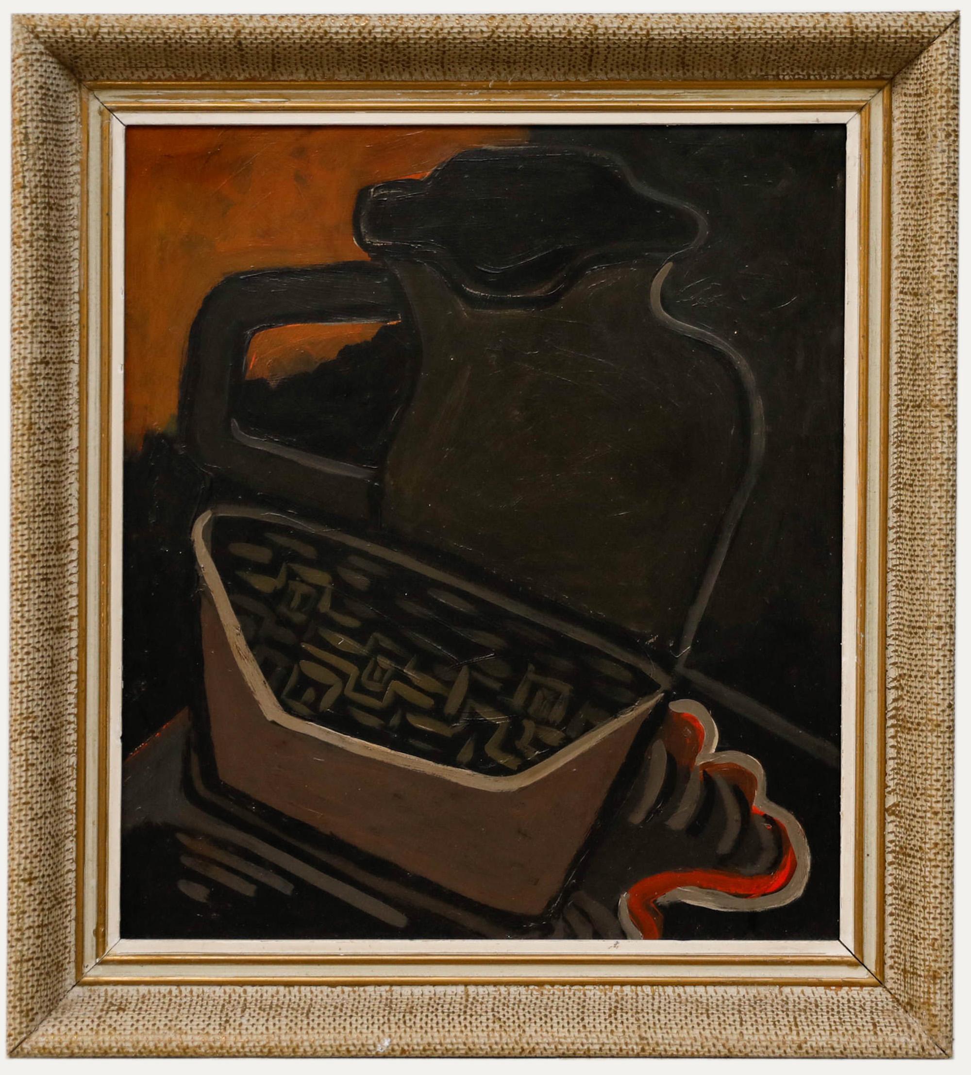 Huile encadrée du 20e siècle - Nature morte d'une cruche et d'un panier