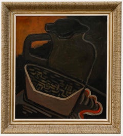Huile encadrée du 20e siècle - Nature morte d'une cruche et d'un panier