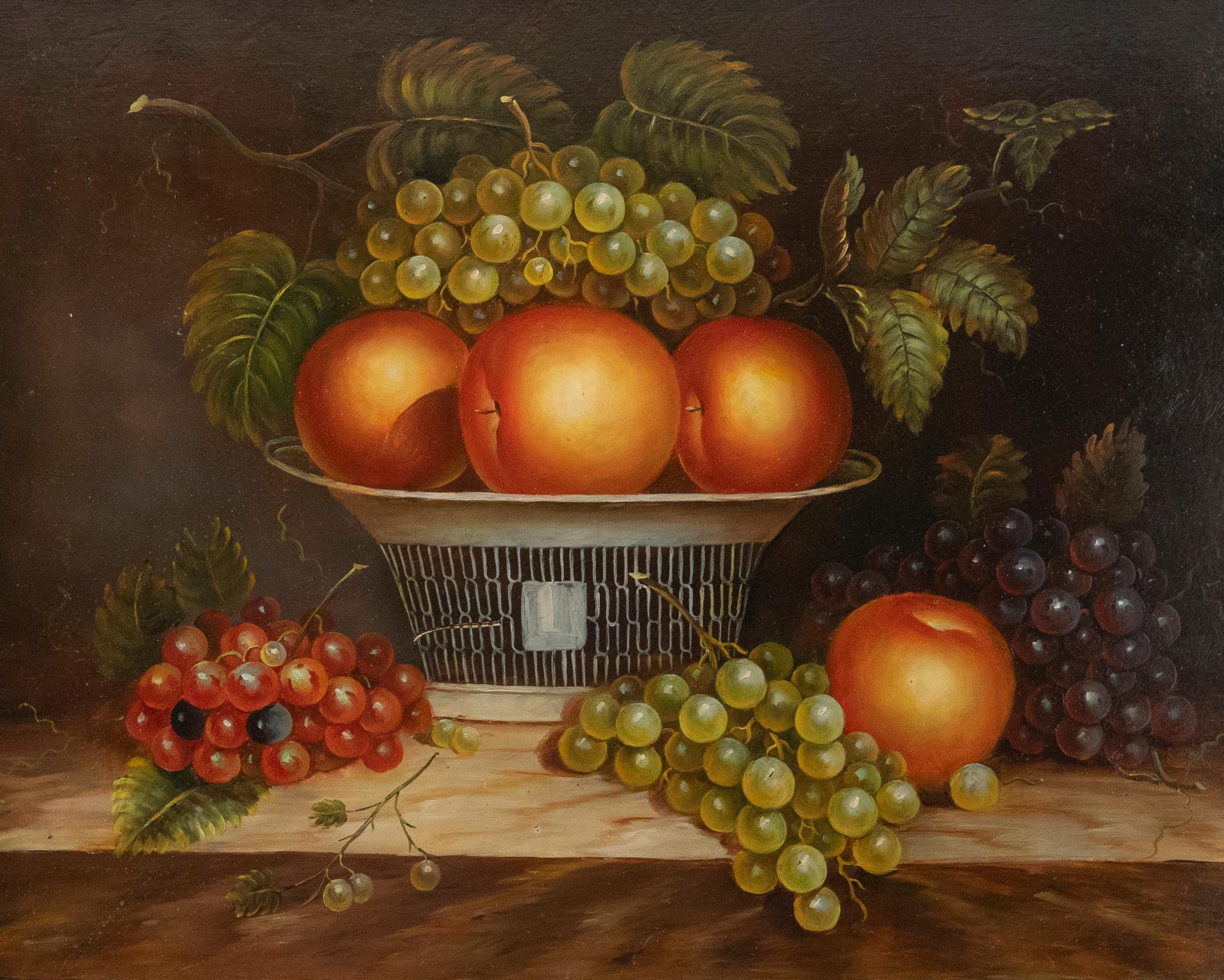 Olio del XX secolo incorniciato - Natura morta di mele e uva - Painting di Unknown