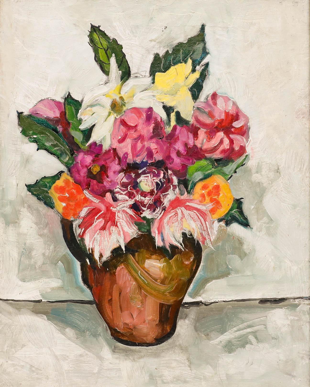 Gerahmtes Ölgemälde des 20. Jahrhunderts – Stillleben mit Blumen – Painting von Unknown