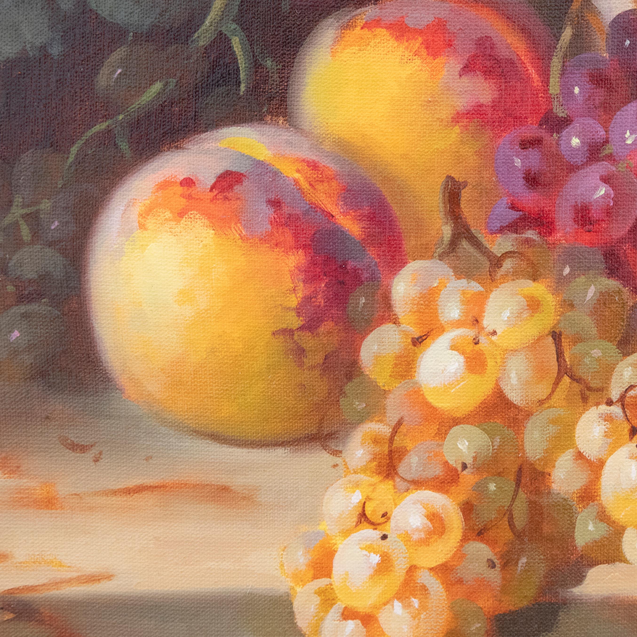 Framed 20th Century Oil - Still Life of Fruit and a Vase For Sale 1