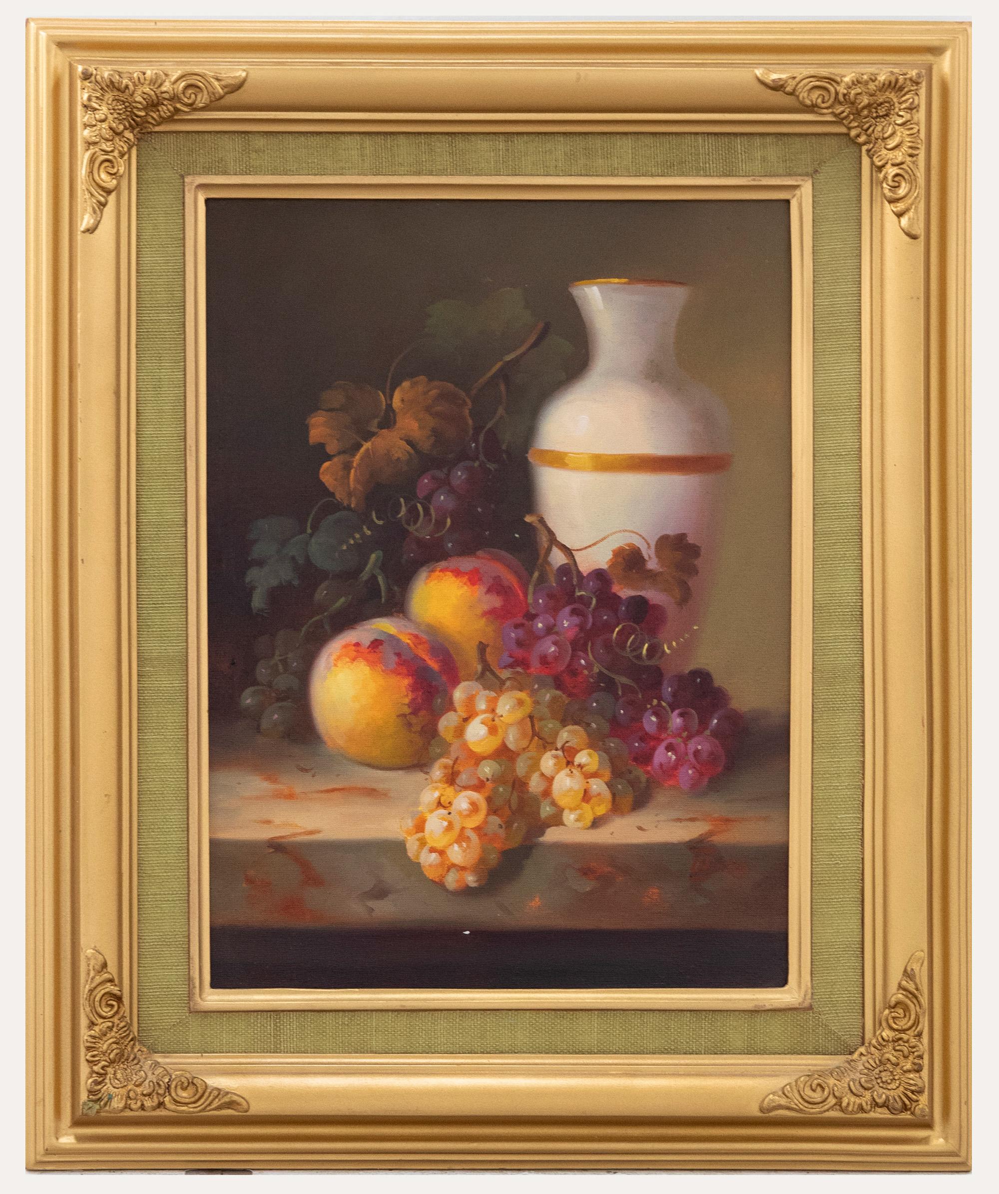 Unknown Still-Life Painting - Framed 20th Century Oil - Still Life of Fruit and a Vase