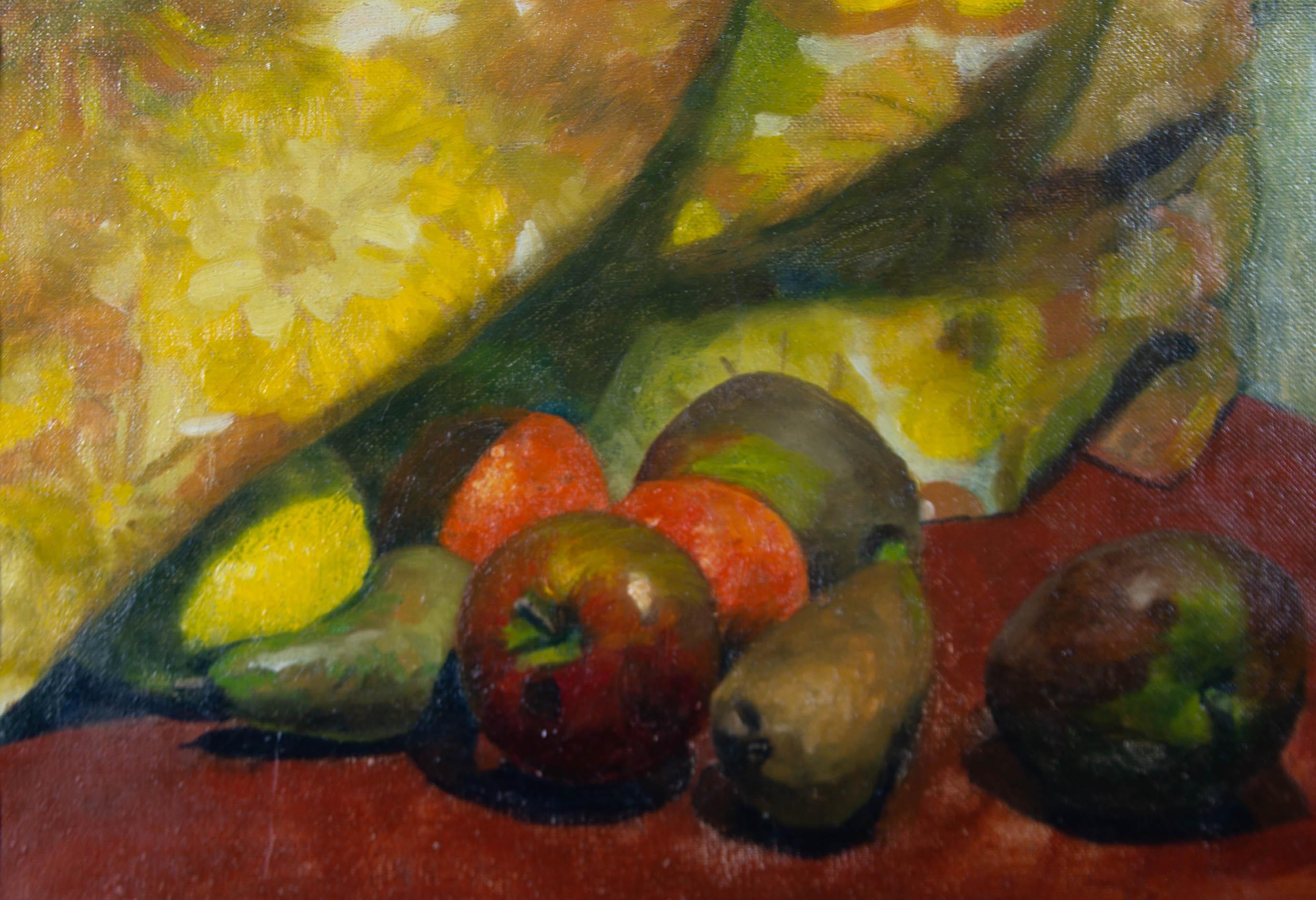 Huile encadrée du 20ème siècle - Nature morte de fruits sous un rideau - Painting de Unknown