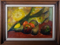 Framed 20th Century Oil - Still Life of Fruit Beneath a Curtain