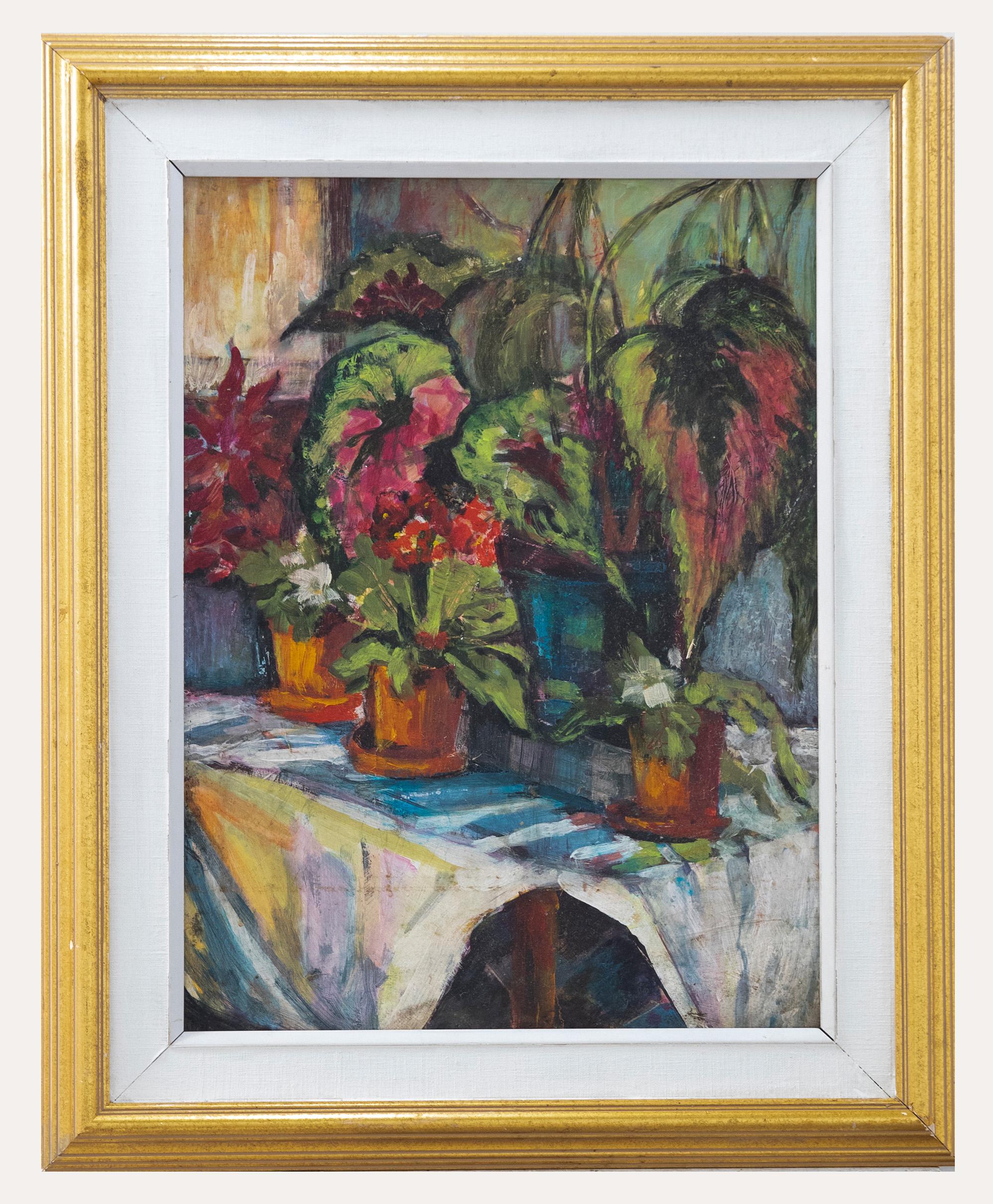 Unknown Still-Life Painting - Framed 20th Century Oil - Still Life of Potted Plants