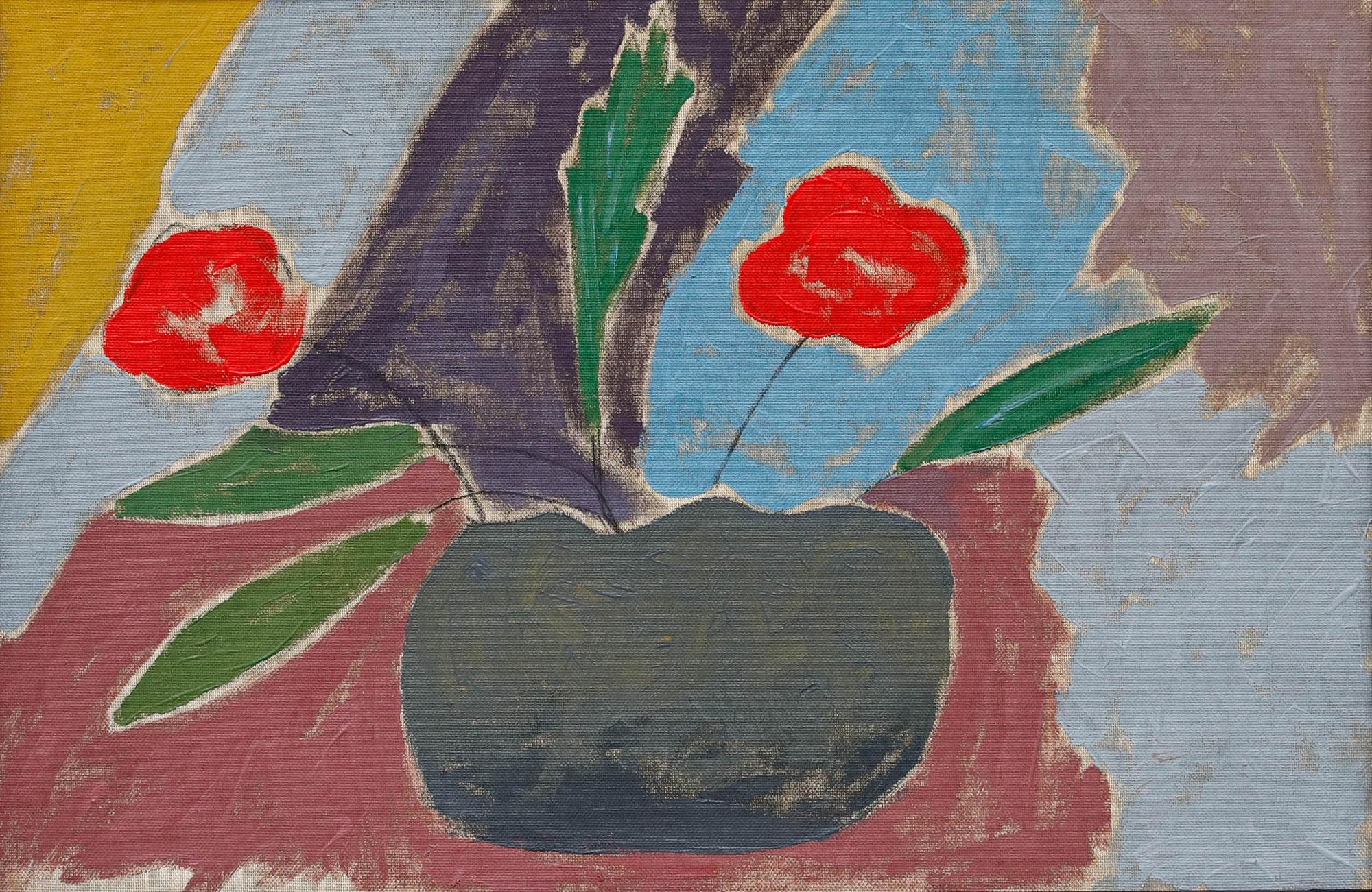 Gerahmtes Öl des 20. Jahrhunderts - Stillleben mit roten Blumen – Painting von Unknown