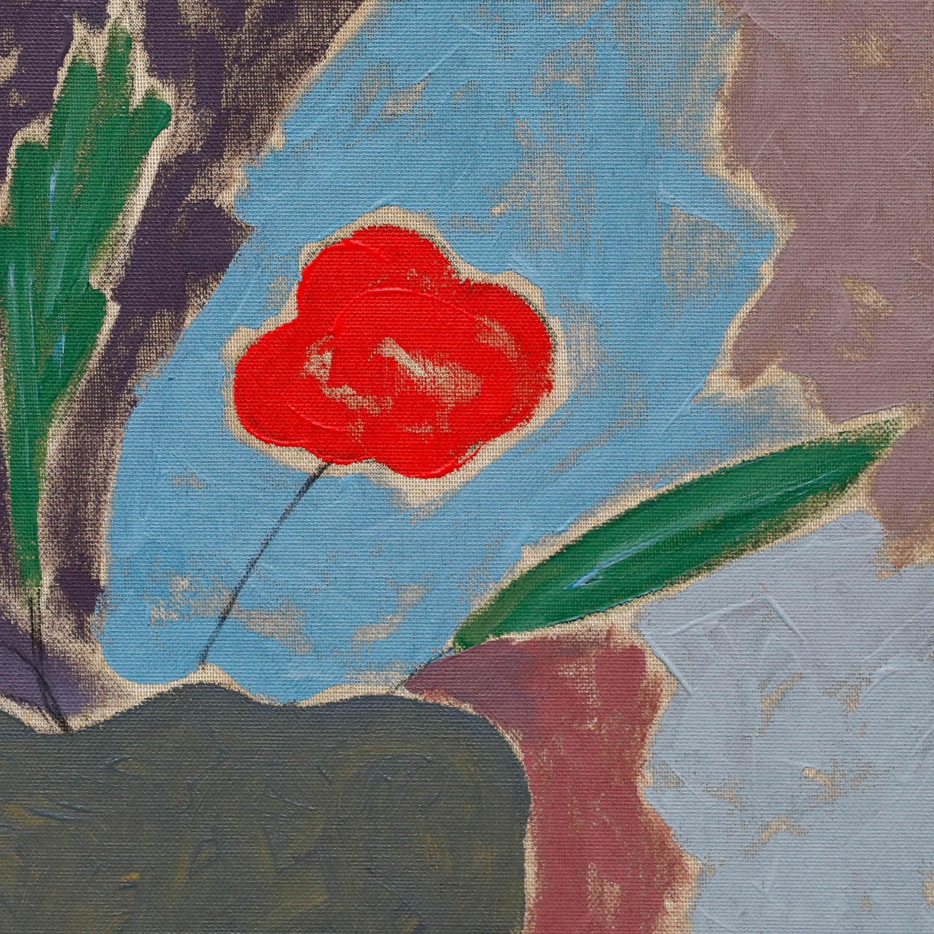 Dieses lebendige Stillleben zeigt eine blühende Topfpflanze in einem ausdrucksstarken, fauvistischen Stil. Im Mittelpunkt der Komposition steht der dunkle, felsenartige Topf, der mit leuchtend roten Blüten und üppigem gr�ünen Laub gefüllt ist. Die