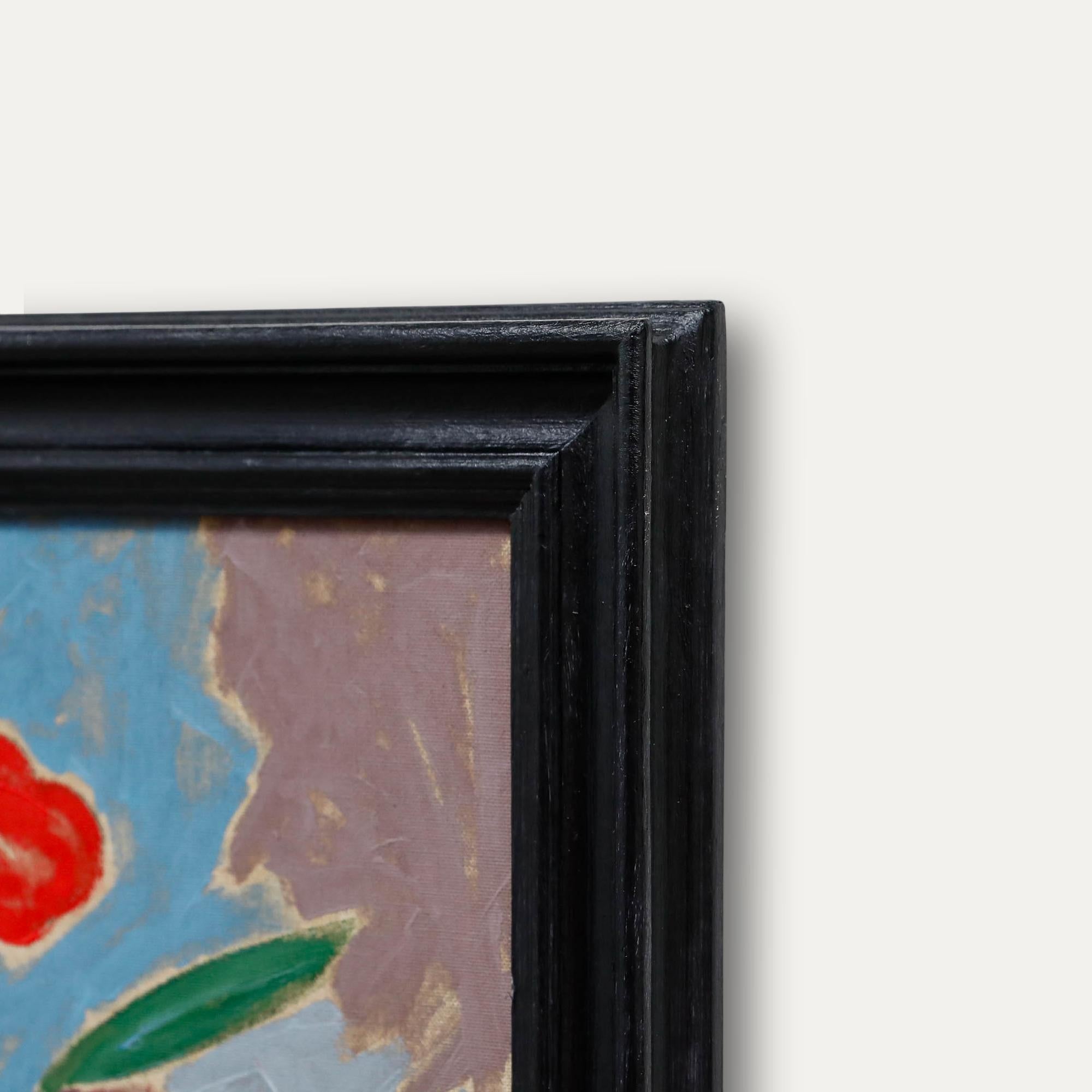 Gerahmtes Öl des 20. Jahrhunderts - Stillleben mit roten Blumen im Angebot 1