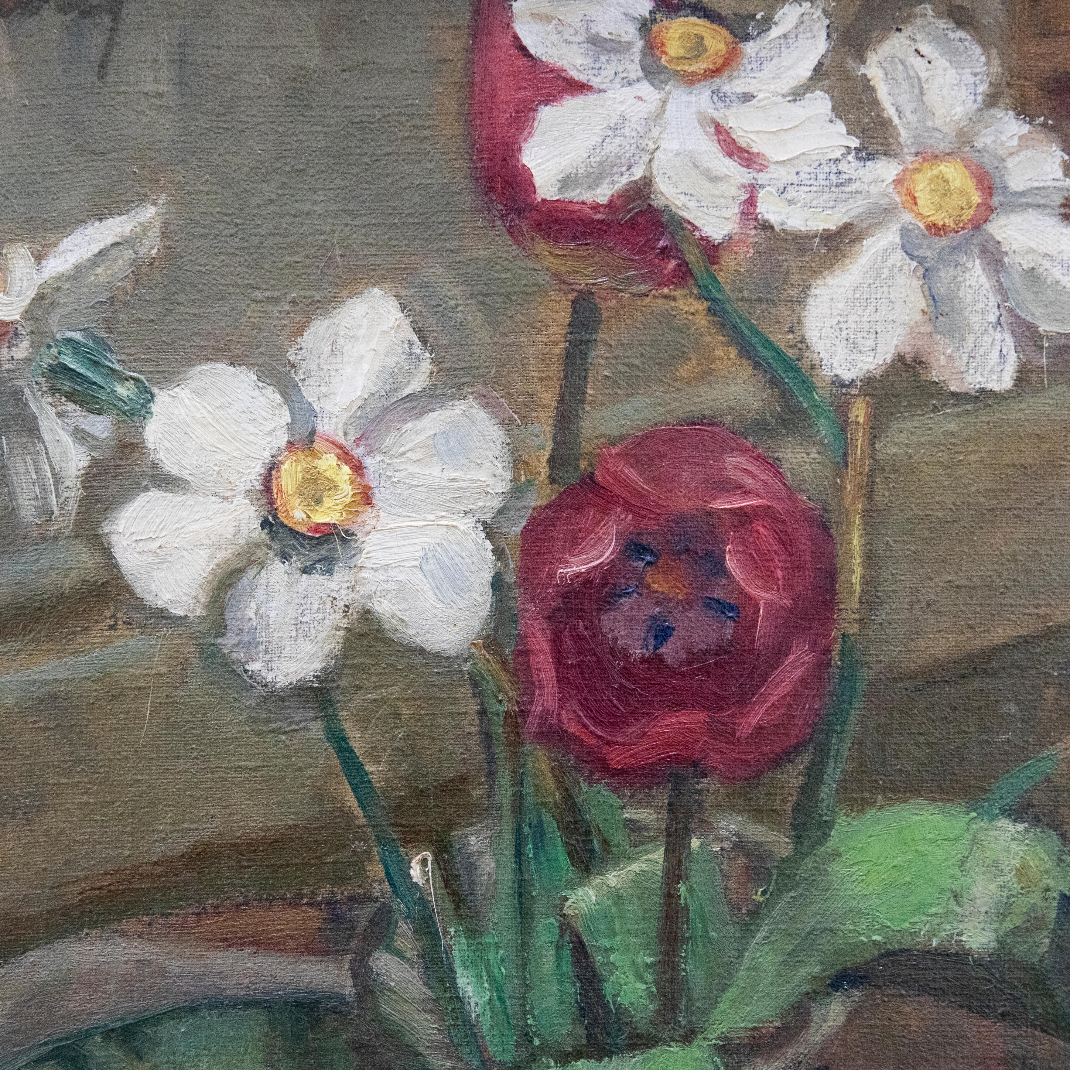 Framed 20th Century Oil - Still Life of Spring Flowers & Fruit For Sale 1