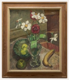 Framed 20th Century Oil - Still Life of Spring Flowers & Fruit