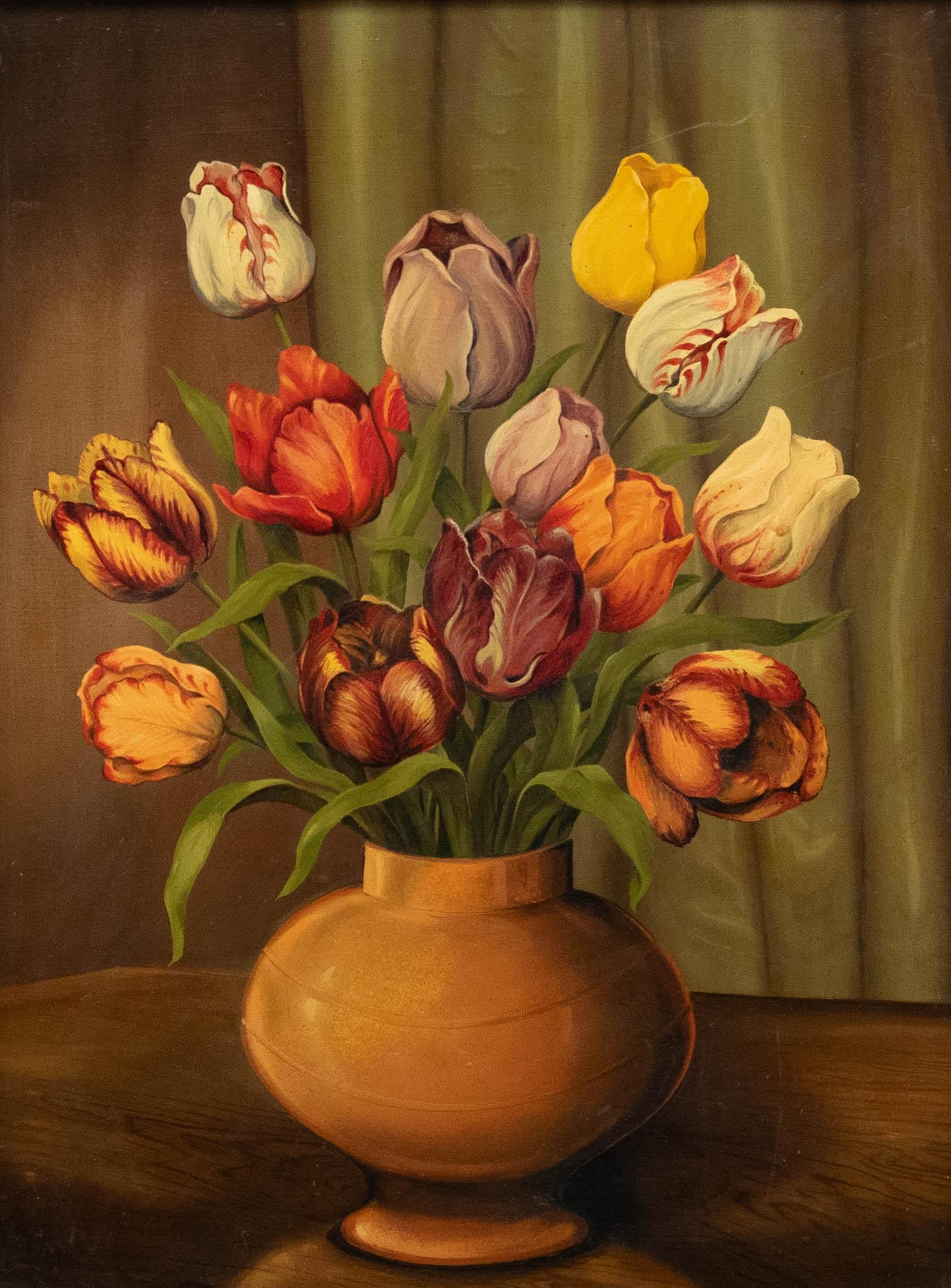 Framed 20th Century Oil - Still Life of Tulips - Painting by Unknown
