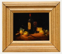 Framed 20th Century Oil - Still Life of Wine 
Cheese